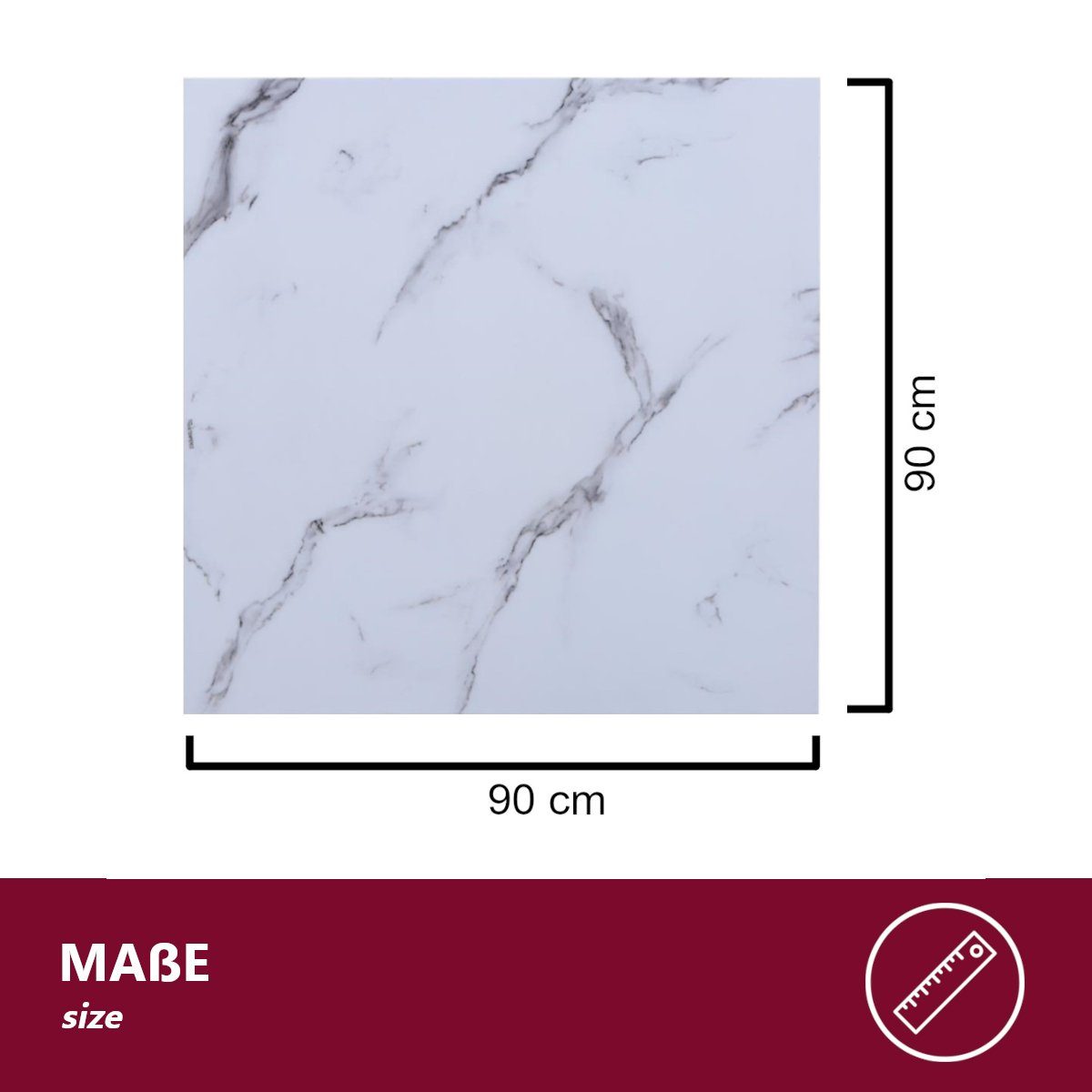 cm Glasplatte Marmoroptik HOOZ mit 90x90x0,6 weiß, Facettenschliff quadratisch - Tischplatte