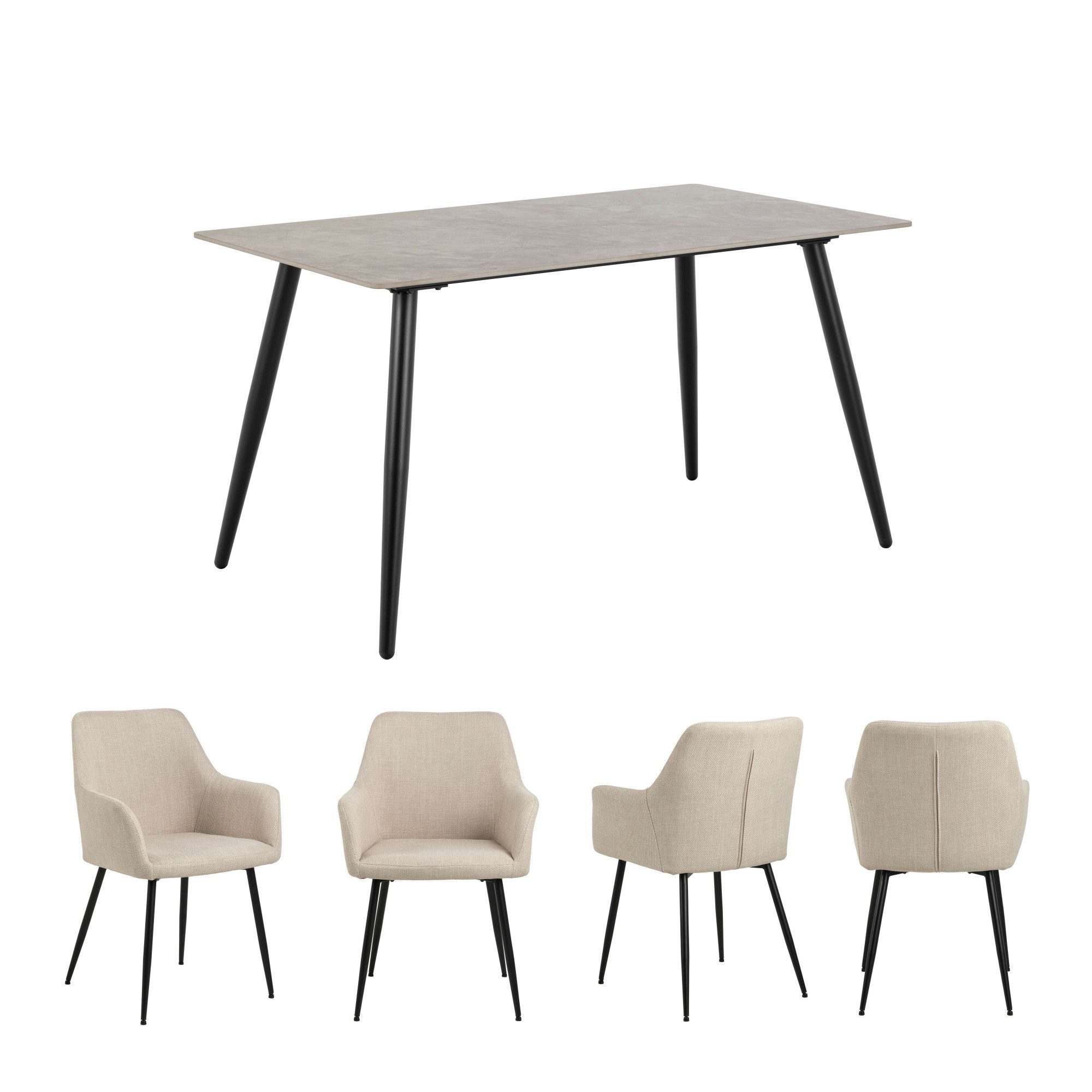 ACTONA GROUP Esszimmer-Set Essgruppe, Speisetisch mit Stühlen, für das Esszimmer, Modern, (Komplett-Set, 5-St., 1x Tisch + 4x Stühle), Rechteckiger tisch aus grau keramik Melamin & dunkelgraue Stühle