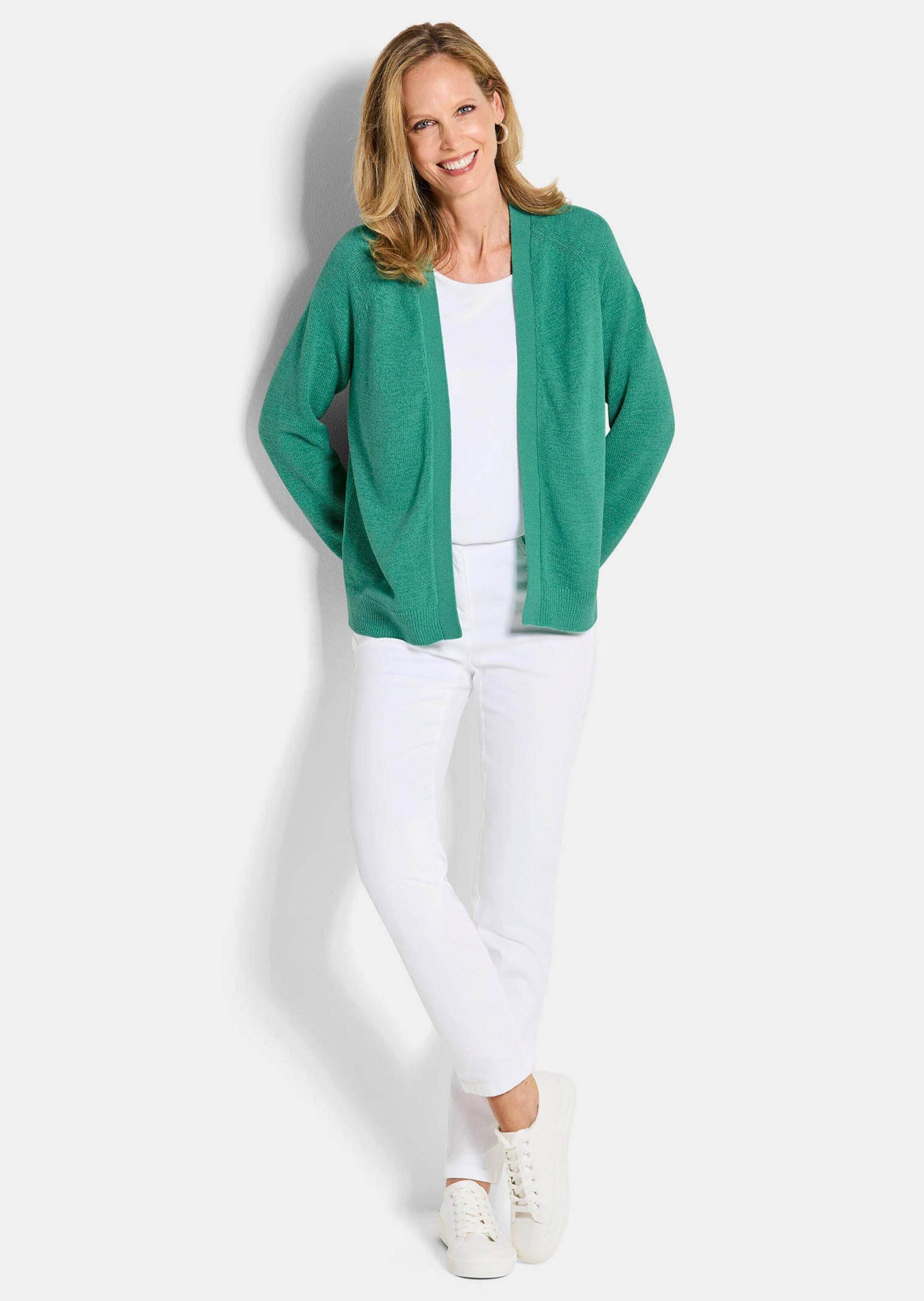 GOLDNER Strickjacke Strickjacke mit Strickbandblende Kurzjacke ohne Verschluss mit gerippten Abschlüssen und Langarm