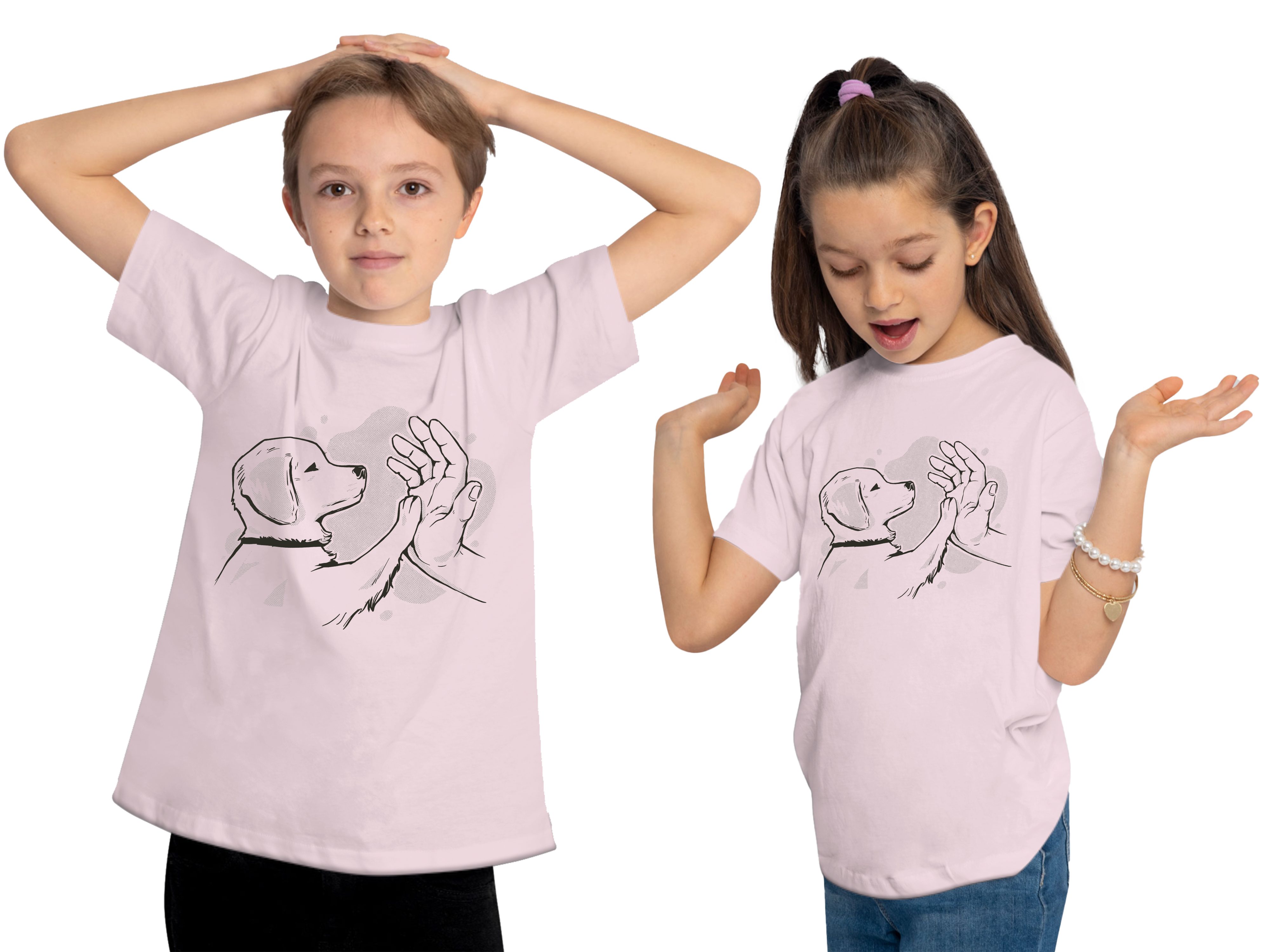 Labrador T-Shirt mit MyDesign24 Print-Shirt bedruckt - gibt rosa Aufdruck, Hunde Baumwollshirt der Kinder i241 Welpe Pfötchen