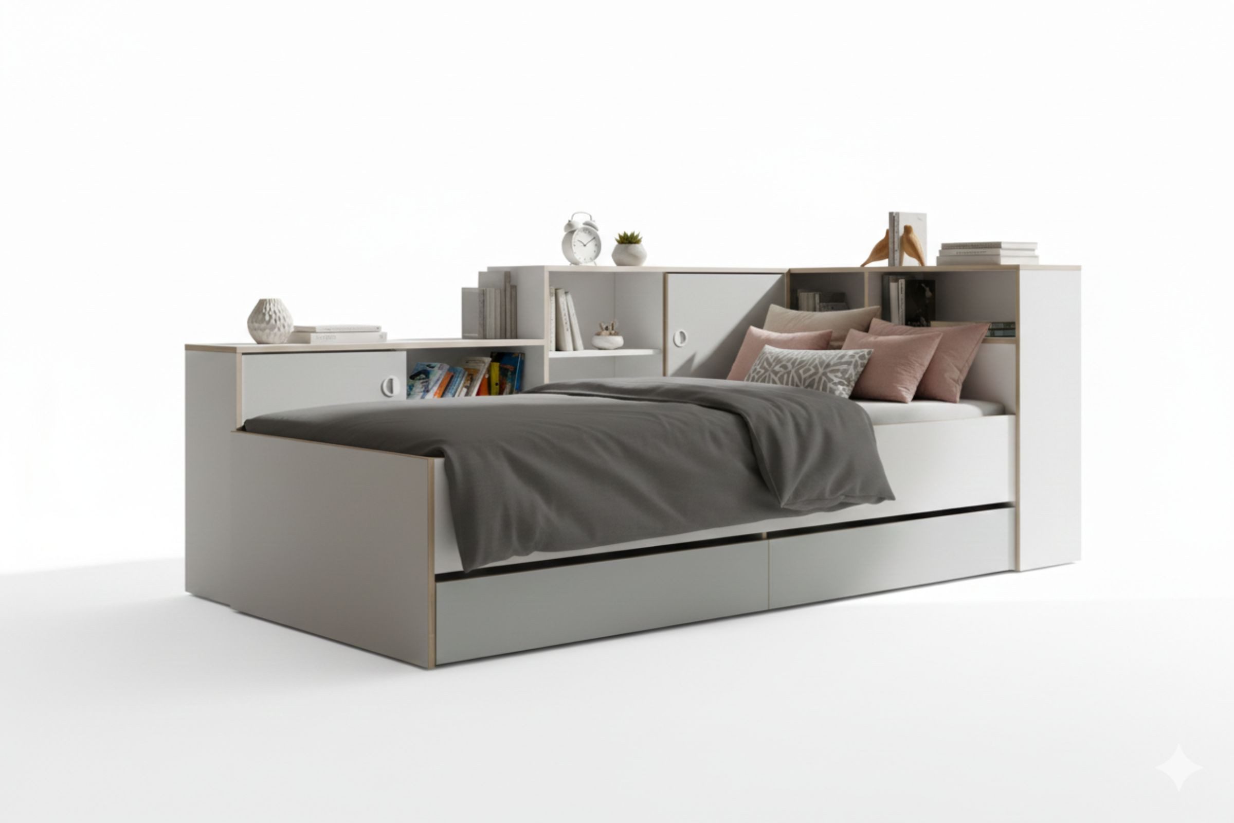 Deine Möbel 24 Jugendbett PAXO 90x200 cm, Kinderbett mit Schubladen & offenen Fächern, (Set, 1-tlg., ideal für Kinder- und Jugendzimmer), in Weiß/Grau mit Eichenoptik