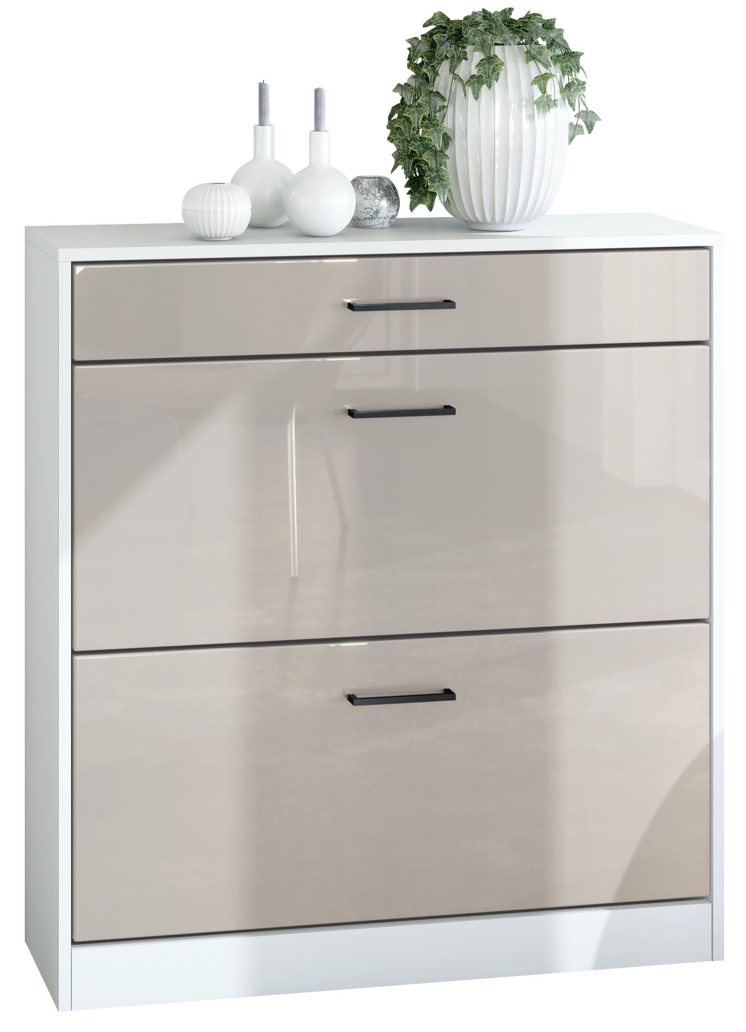 Vladon Schuhschrank Elvas (Schuhkipper, für 16 Paar Schuhe mit 2 Klappen und Schublade) Weiß matt / Denim matt, (89 x 95,5 x 27 cm)