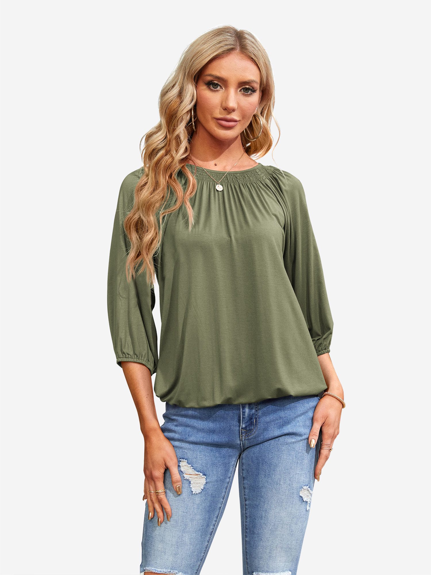 Imily Bela T-Shirt Damen 3/4-Ärmel Plissierte Bluse (Packung, 1-tlg., 1per-Pack) Rundhals