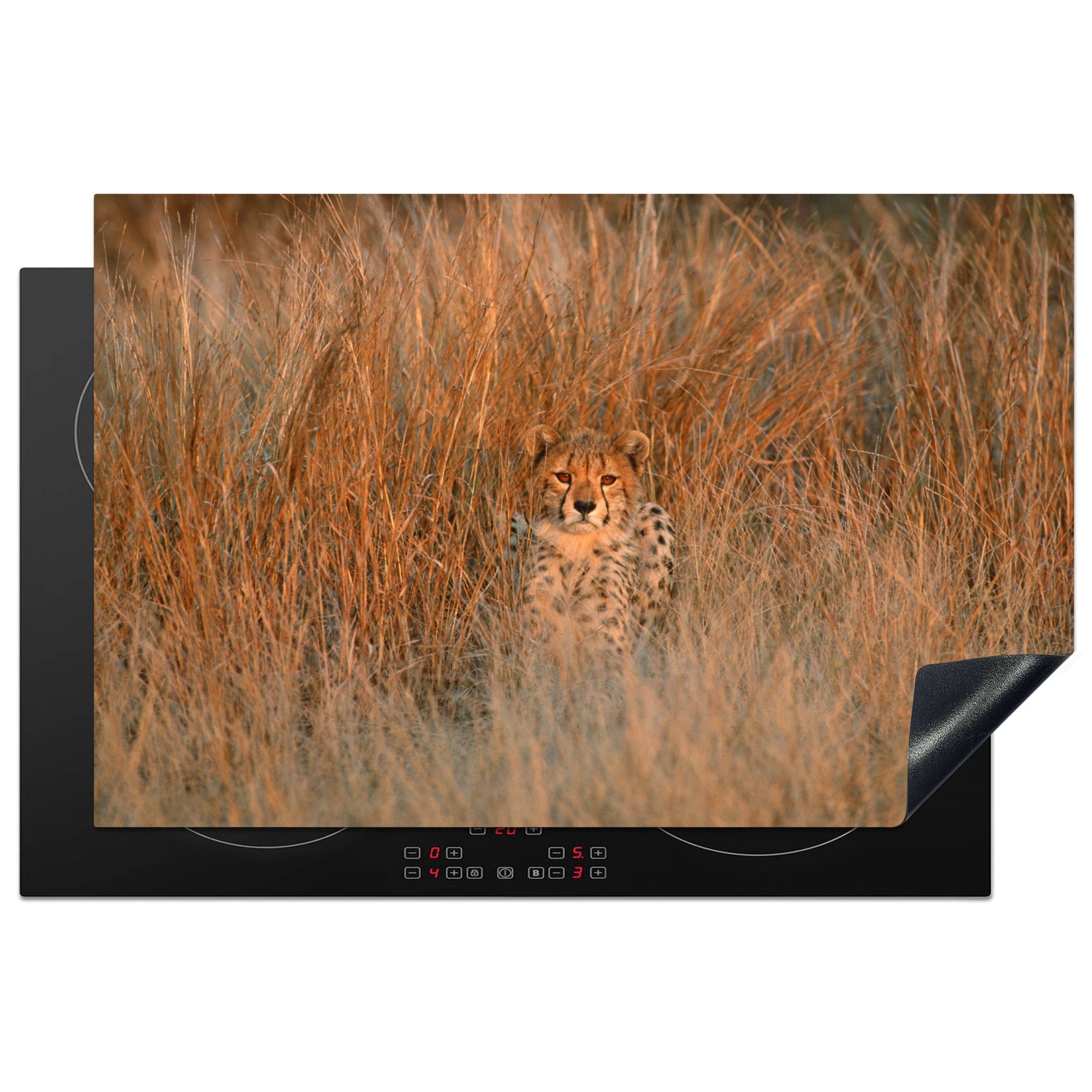 MuchoWow Herdblende-/Abdeckplatte Gepard - Camouflage - Gras, Vinyl, (1 tlg), 81x52 cm, Induktionskochfeld Schutz für die küche, Ceranfeldabdeckung