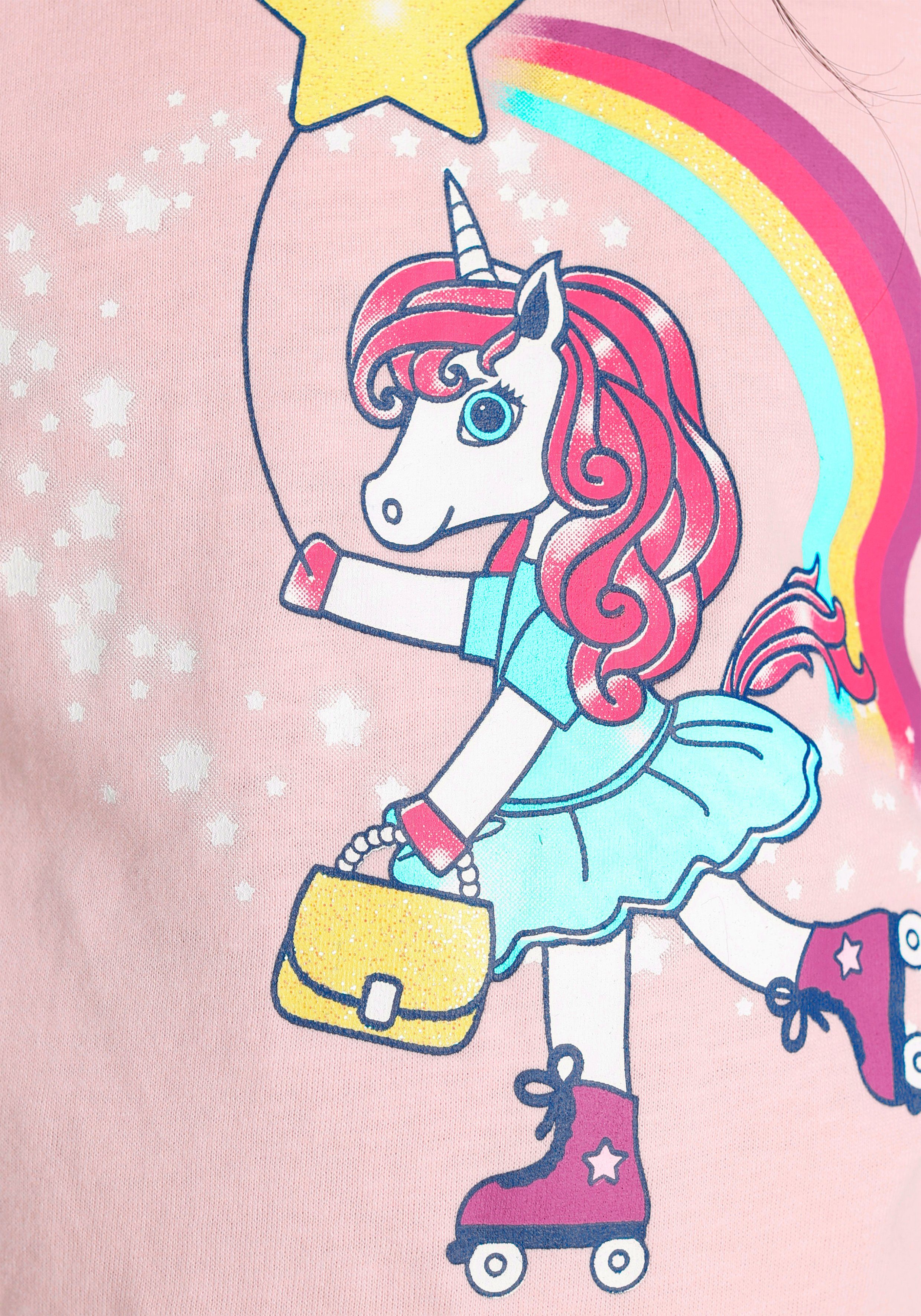 KIDSWORLD Langarmshirt Einhorn auf Rollschuhen Langarm, Basic-Passform, mit stylischem Druck und Glitzerdruck
