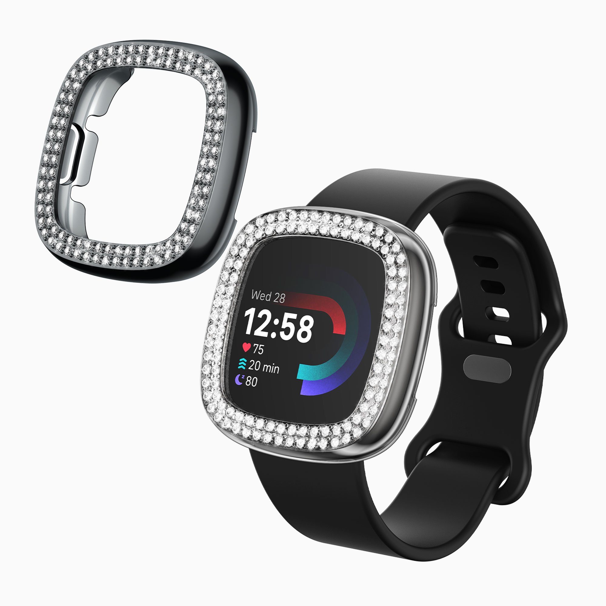 kwmobile Smartwatch-Hülle 2x Kunststoff Hülle für Fitbit Versa 4 / Sense 2,  Schutzrahmen - Glitzer Schutzhülle in Transparent Schwarz