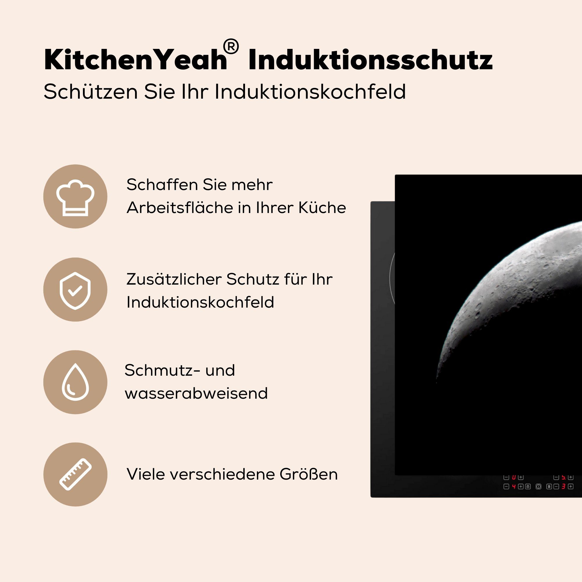 Induktionskochfeld MuchoWow Vinyl, Schutz für Mond Schwarz 81x52 Ceranfeldabdeckung tlg), die cm, Grau, - küche, Herdblende-/Abdeckplatte (1 -