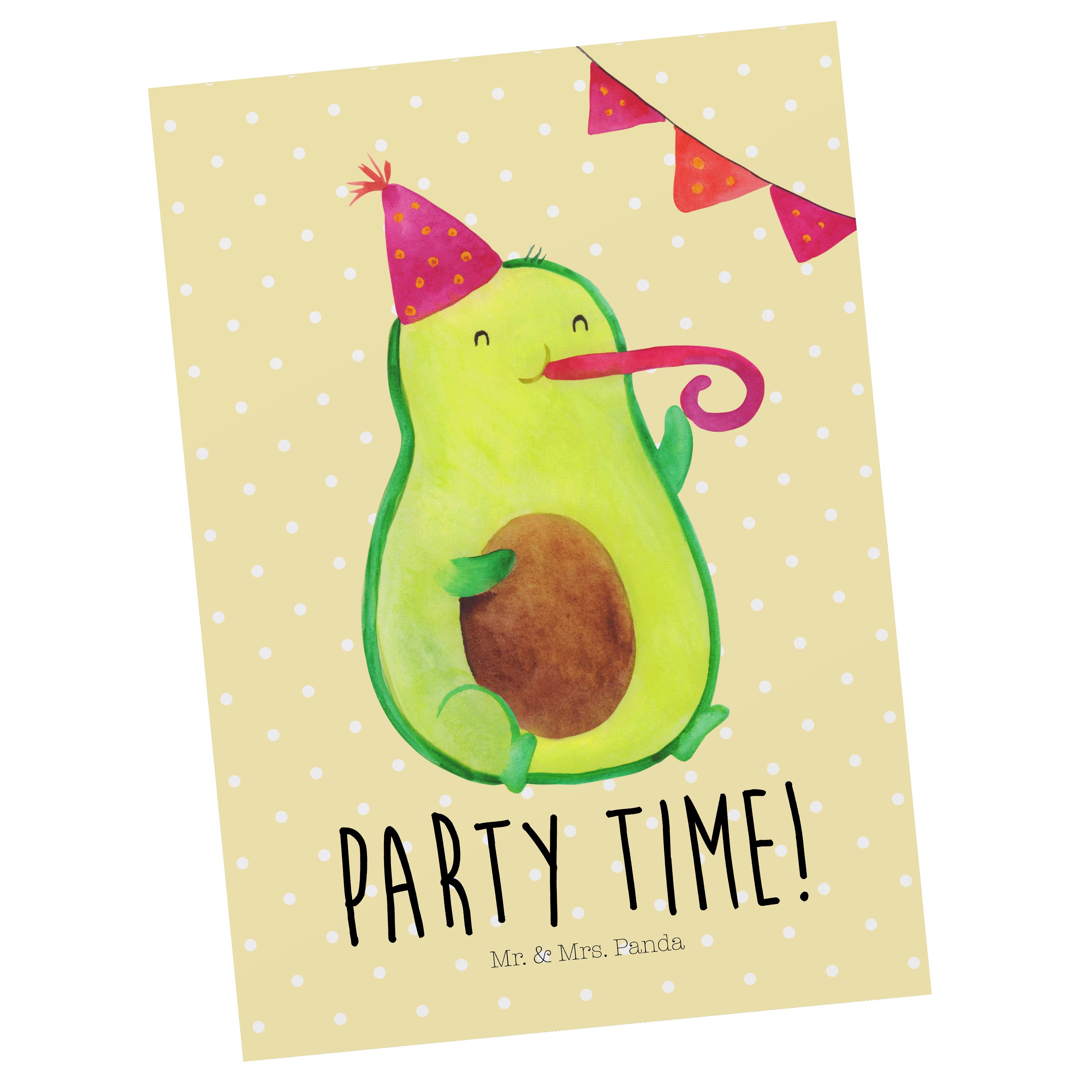 Mr. & Mrs. Panda Postkarte Avocado Party Time - Gelb Pastell - Geschenk, Geschenkkarte, Dankeska