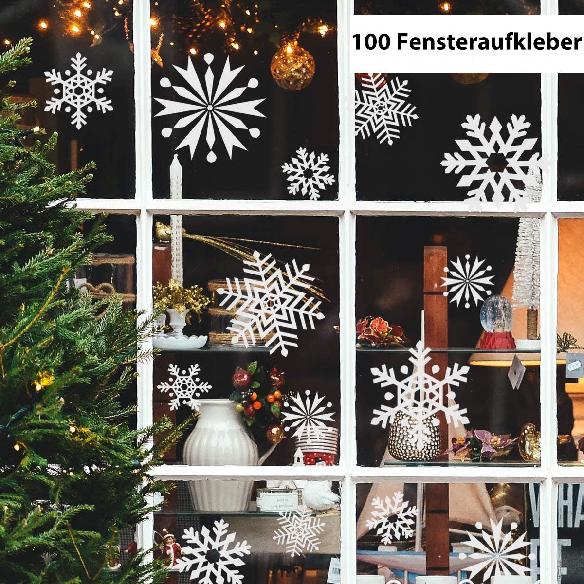 Salcar Fensterbild Fensteraufkleber Weihnachten Schneeflocken Weihnachtsdekoration Deko, 100er-Set Aufkleber in 3 Größen und 4 Formen, Doppelseitig Sichtbar