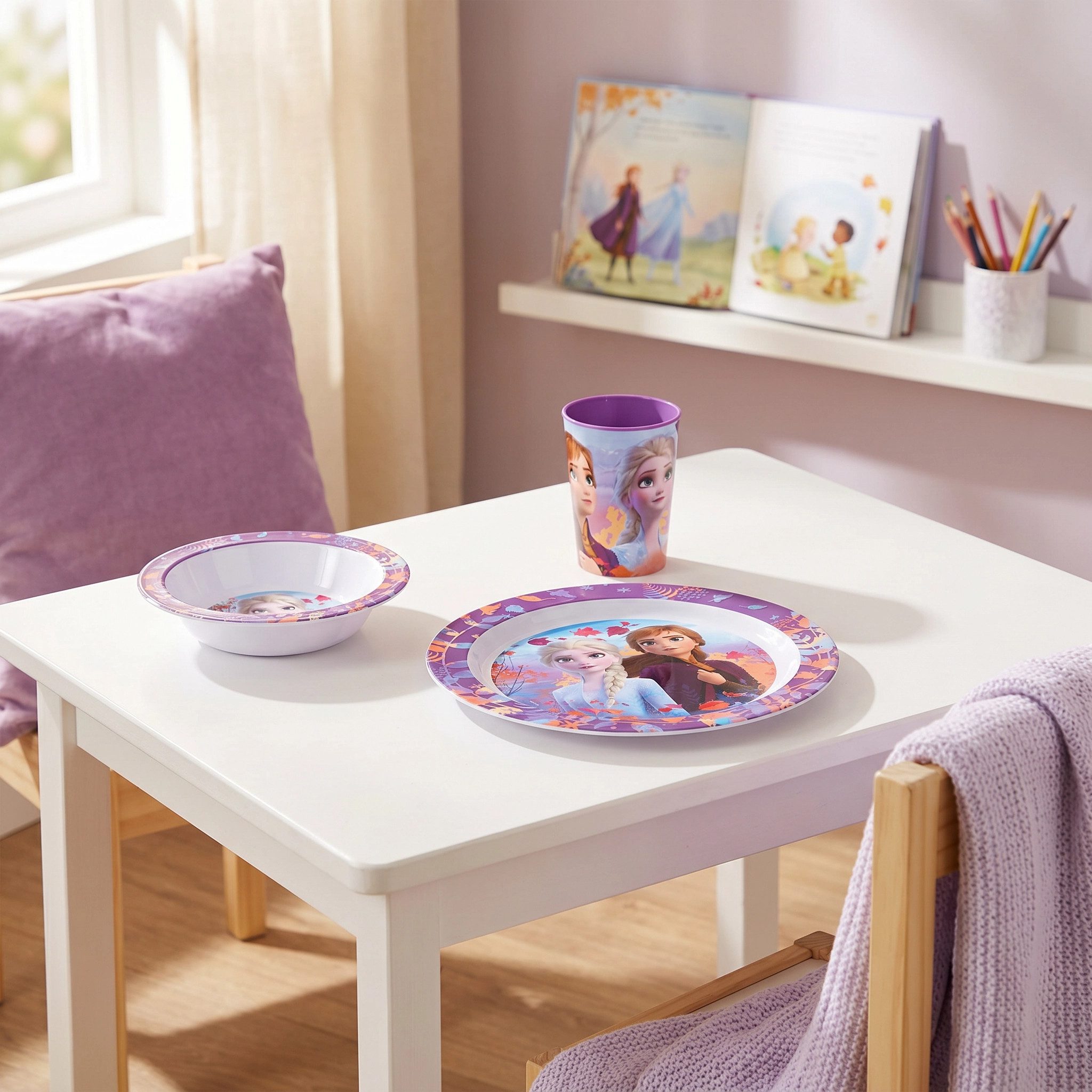 Disney Kindergeschirr-Set Disney Die Eiskönigin Elsa Kinder Geschirr-Set 3 teilig (3-tlg), 1 Personen, BPA-Frei, Becher Teller Schüssel