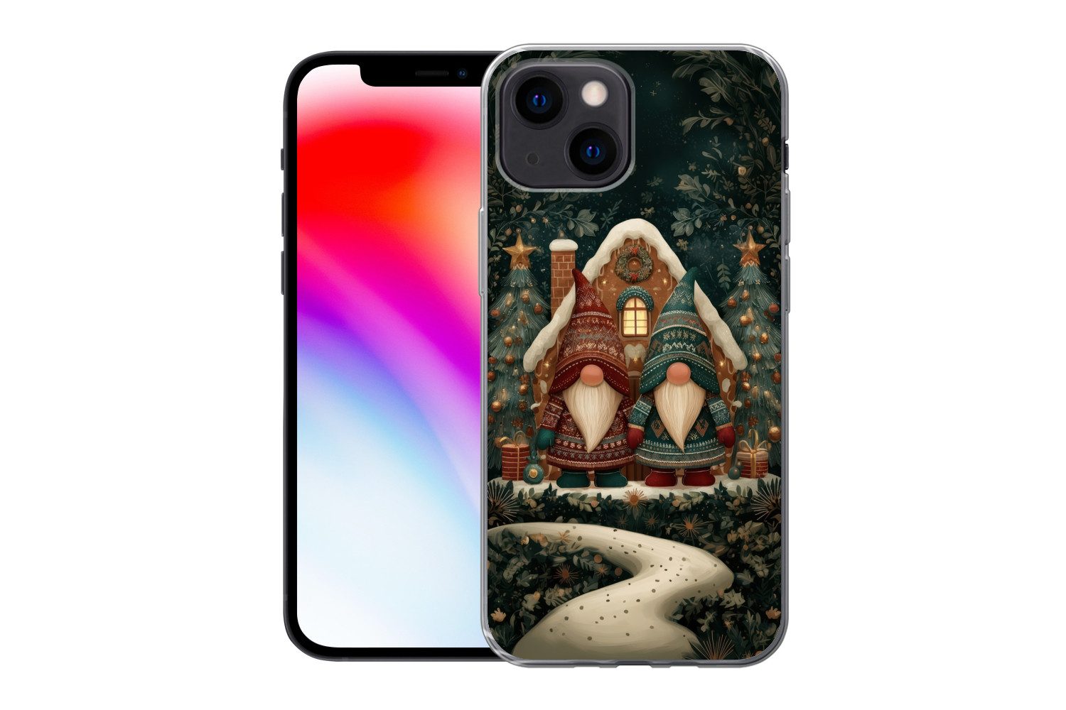 MuchoWow Handyhülle für Apple iPhone 13 mini Weihnachten - Wichtel - Lebkuchenhaus - Rot -, Smartphone-Bumper, Print, Handy Schutzhülle Dünn