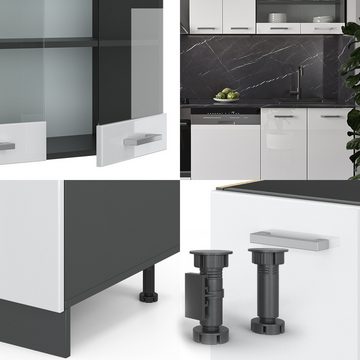 Livinity® Küchenzeile R-Line, Weiß Hochglanz/Anthrazit, 300 cm, AP Marmor