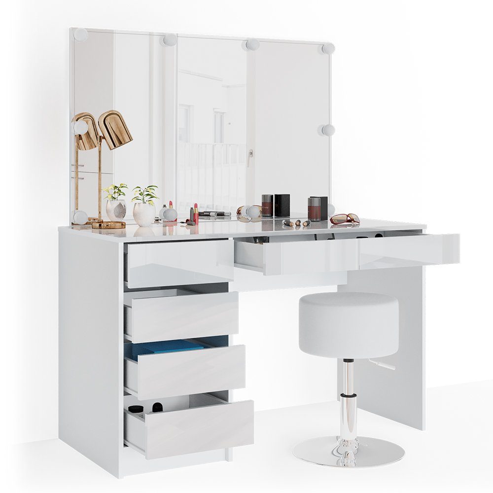 Vicco Schminktisch Sherry, Weiß, 120 cm mit LED Beleuchtung und Hocker (2-St)