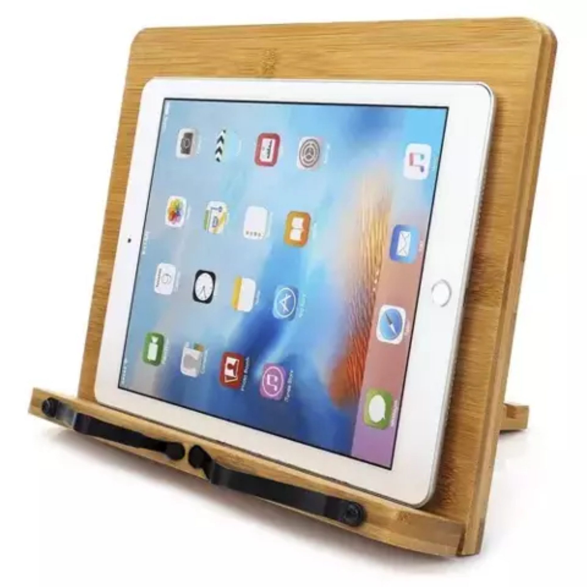 MALATEC Buchstütze Tablet-Laptop-Ständer: Flexibel verstellbarer Halter Buchständer (Bambus Buchständer-Set, 1x Bambus Buchständer), Bambusständer für Bücher und Geräte: Stabil, verstellbar, platzsparend