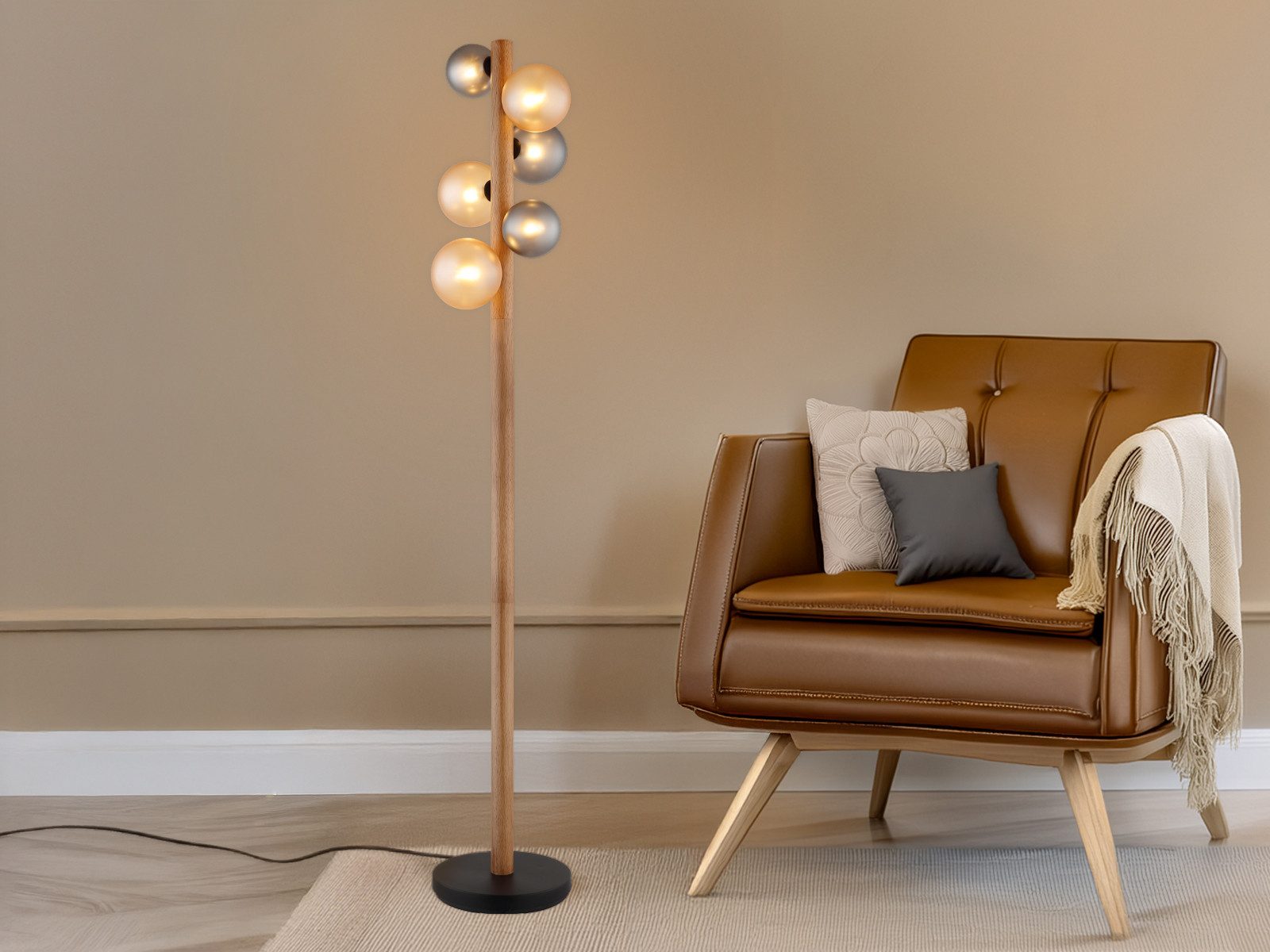 GLOBO LIGHTING LED Stehlampe aus Holz mit Glas-kugel, Höhe 150cm, Dimmfunktion, LED wechselbar, warmweiß, Stehleuchte mehrflammig ausgefallene moderne Kugellampe-n stehend