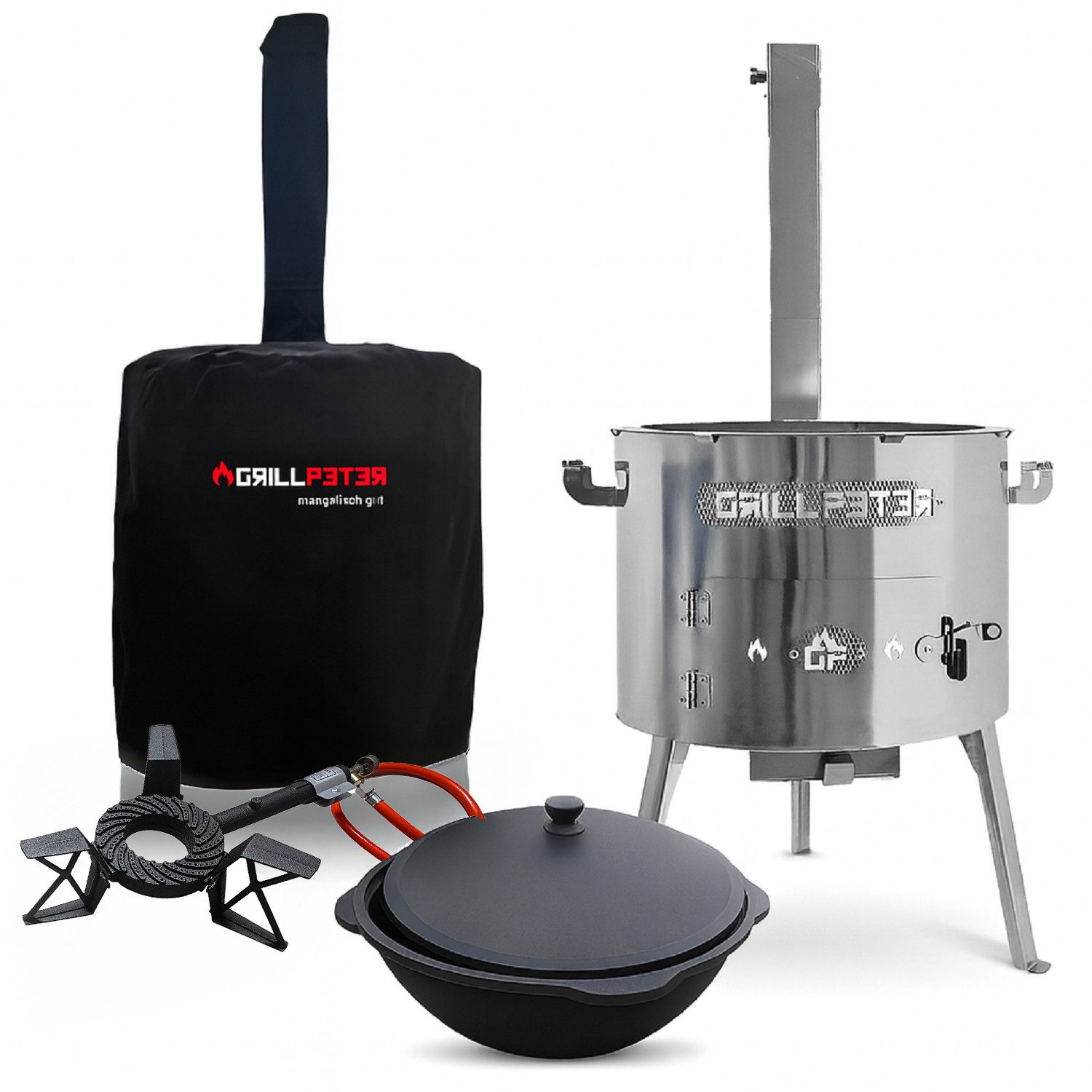 Grillpeter Holzkohlegrill Utschak Timur Ø45 cm Edelstahl Kazan 16L Gaskocher und Abdeckhaube
