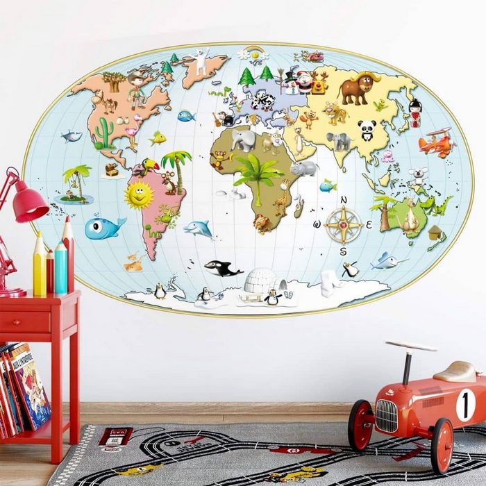 K&L Wall Art Wandtattoo Klebebilder 3D Kinder große Weltkarte lernhilfe 140x87cm Sticker Wandbild selbstklebend entfernbar