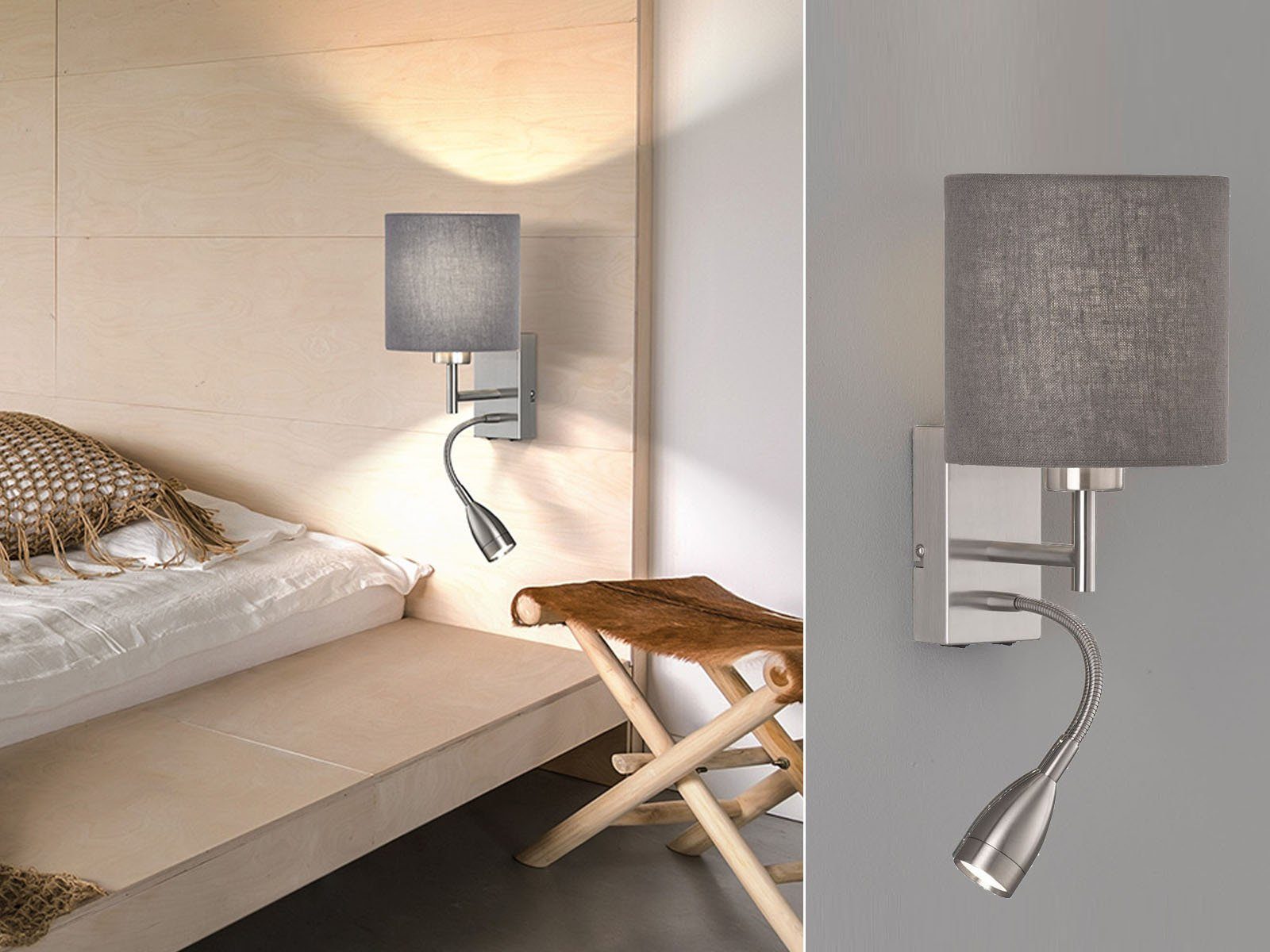FISCHER & HONSEL LED Leselampe, Stoff Bett-Lampe Nachttischlampe Wand-Montage  - Wandleuchte für Bett & Sofa