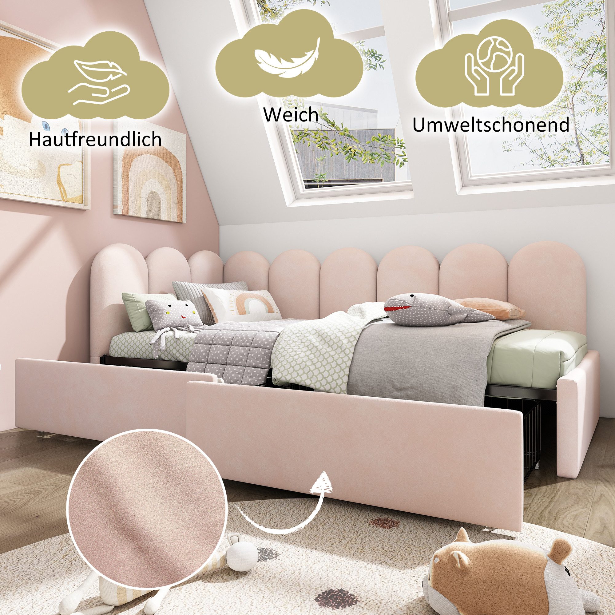 Flieks Polsterbett (1-tlg), Einzelbett Daybett Tagesbett Schlafsofa mit 2 Schubladen Samt 90x190cm