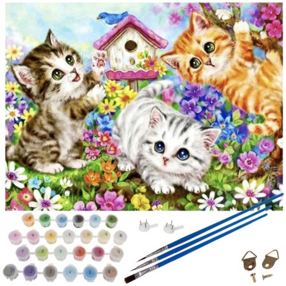 MAALEO Malen nach Zahlen Malset Leinwand Katzen (Spar-Set, 1-St., ausmalen), Robuste Leinwand, intensive Acrylfarben, stabiler Holzrahmen
