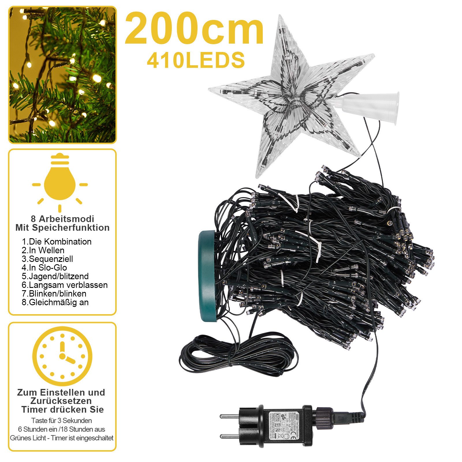 Sunicol Lichterkette Weihnachten Strom Lichterketten mit 8 Leuchtmodi, Timer, 1-flammig, Lichterketten für Party, Garten, Baum – Bild 3 von 5