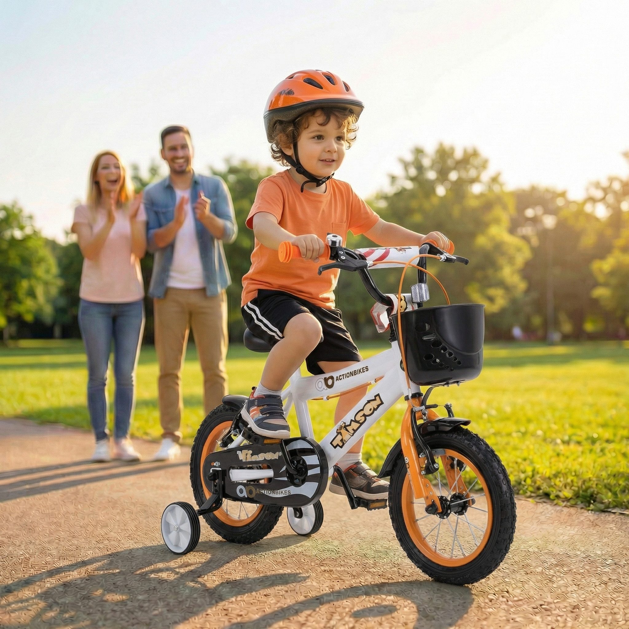 Actionbikes Motors Kinderfahrrad Timson Kinder Fahrrad ab 3 Jahre, 1 Gang, ohne Schaltung, (V-Brake-Bremsen, Luftbereifung, Schutzbleche, weiß / orange / schwarz)