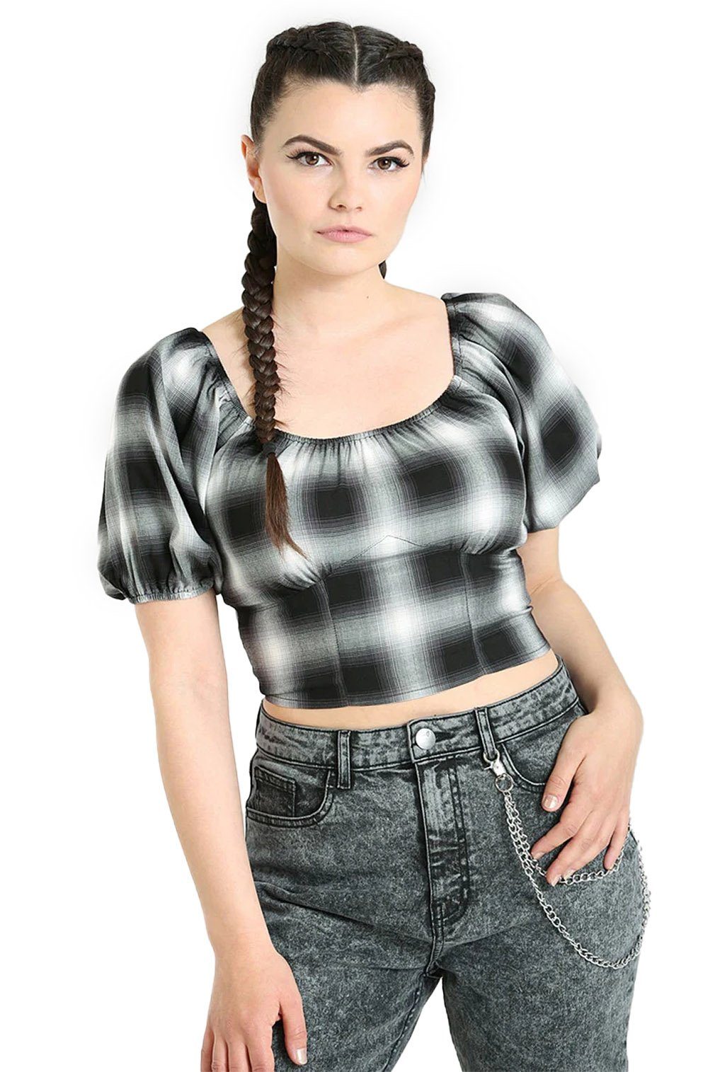 Hell Bunny Crop-Top April Retro Karo Kariert Rockabilly Puffärmel 50er