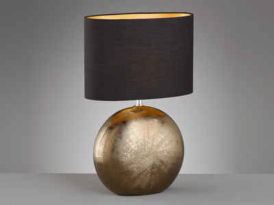 meineWunschleuchte LED Nachttischlampe, LED wechselbar, Warmweiß, Lampen-Fuß Keramik Bronze, Lampenschirm oval Schwarz Gold, 53cm groß