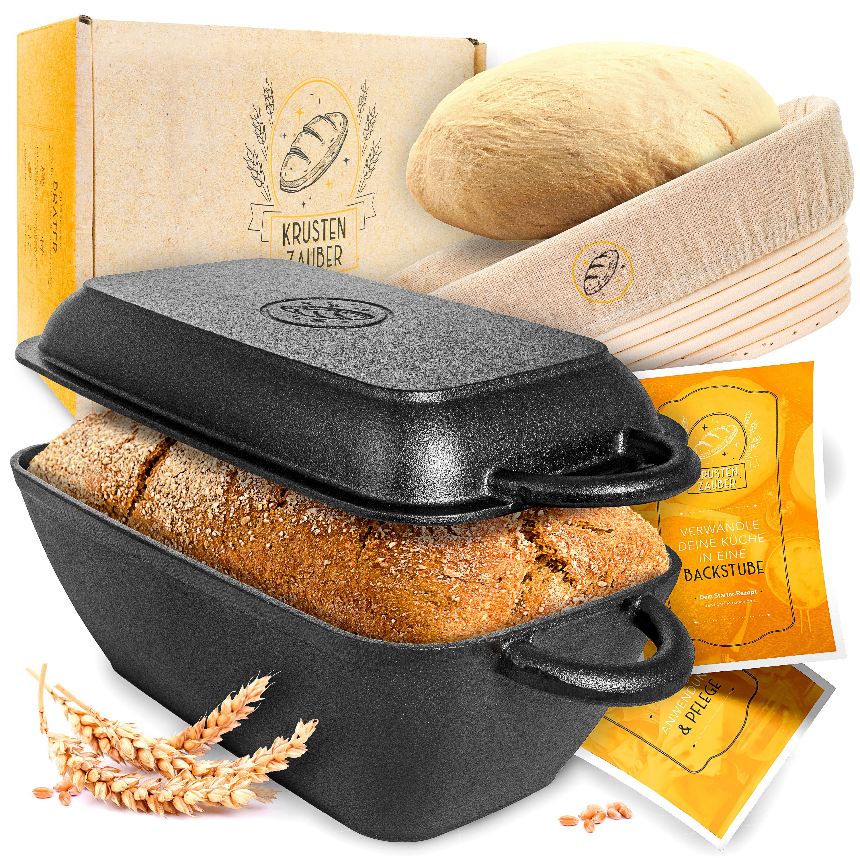 Krustenzauber Brotbackform Brotbackform Gusseisen Topf Brot Backen inkl. Gärkorb