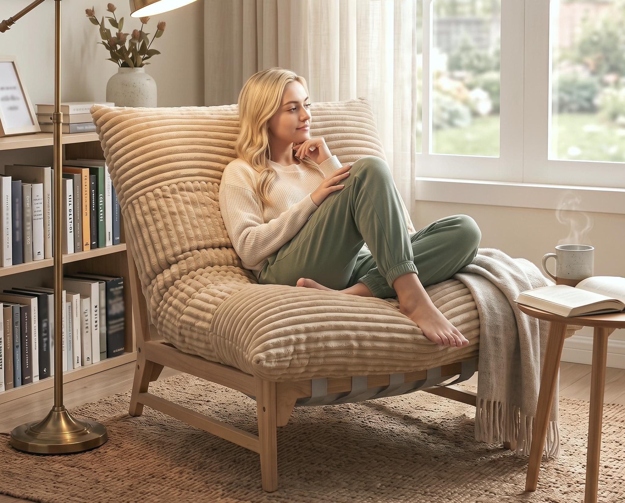 LVHOM Relaxsessel XXL Loungesessel 100x120x76cm, Massivholz, bequem gepolstert (Cordstoff, einteilige Rückenlehne und Sitzkissen, ergonomisches Design, rutschfeste Unterseite, 26cm Bodenfreiheit für einfaches Reinigen mit Saugrobotern), für Schlaf-/Wohn-/Arbeitszimmer/Büros/Leseecken/Entspannungsbereiche