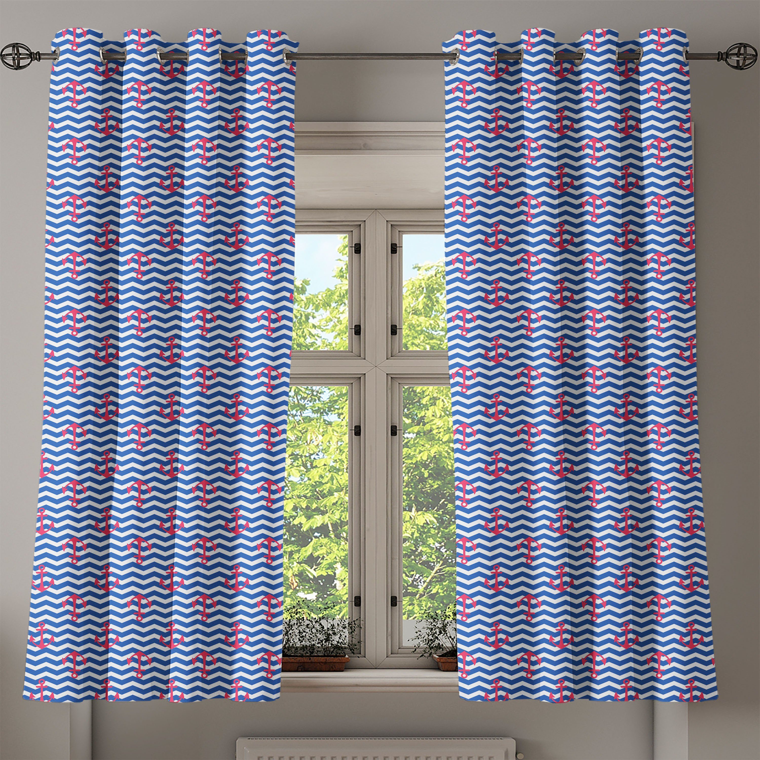 für Abakuhaus, 2-Panel-Fenstervorhänge Anchors Anker Dekorative Waves Gardine Slhouettes Wohnzimmer, Schlafzimmer