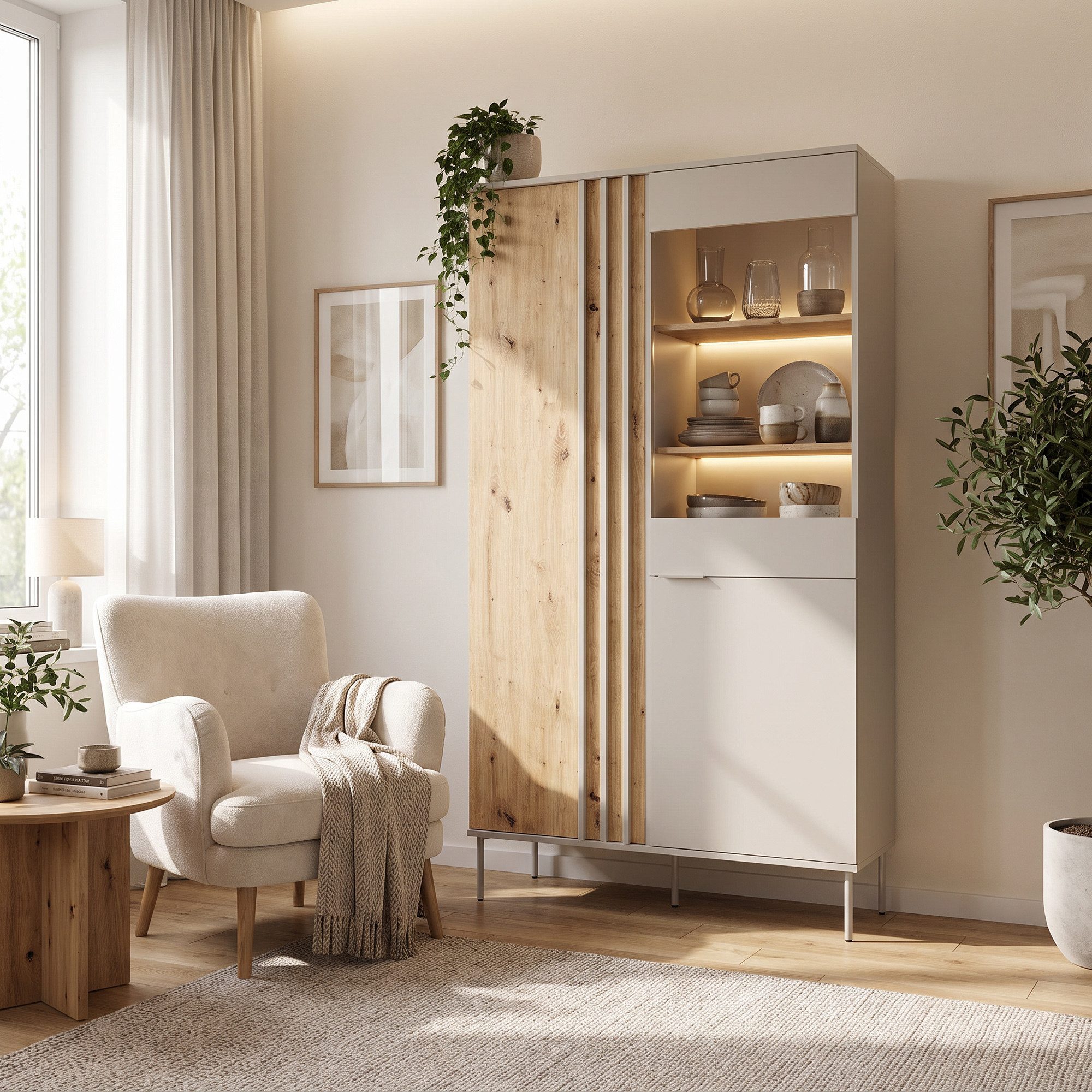 Lomadox Vitrine RENNES-166 Eiche mit Kaschmir, 2 Türen, LED Beleuchtung, fühlbare Lamellen