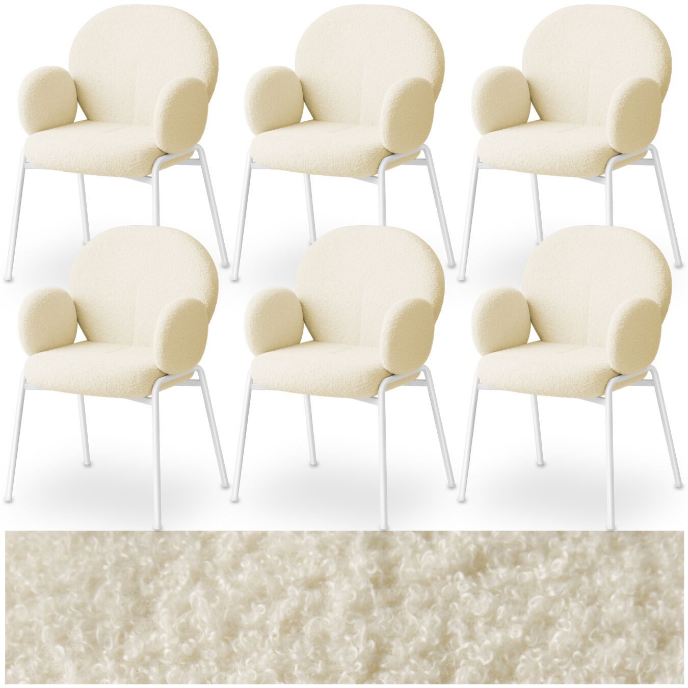 tectake Esszimmerstuhl Polsterstuhl mit Bouclé-Bezug, Belastbarkeit 120 kg, 61,5 x 62 x 90 (Ohrensessel Scandi in creme, 6 St), gepolstert, bequeme Armlehnen, runde Stahlbeine, bodenschonend