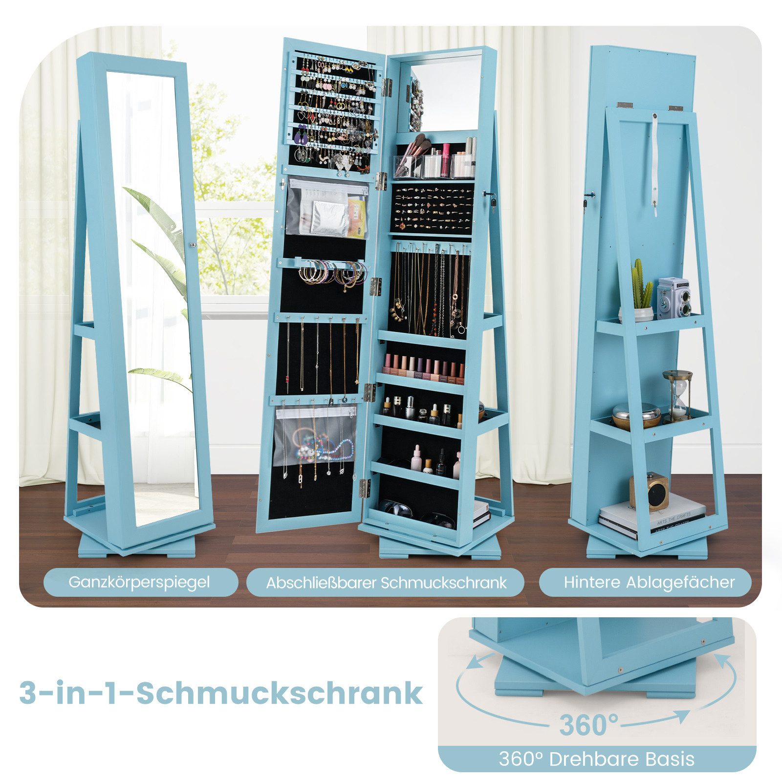 COSTWAY Schmuckschrank stehend, mit Spiegel & Regal, drehbar, abschließbar