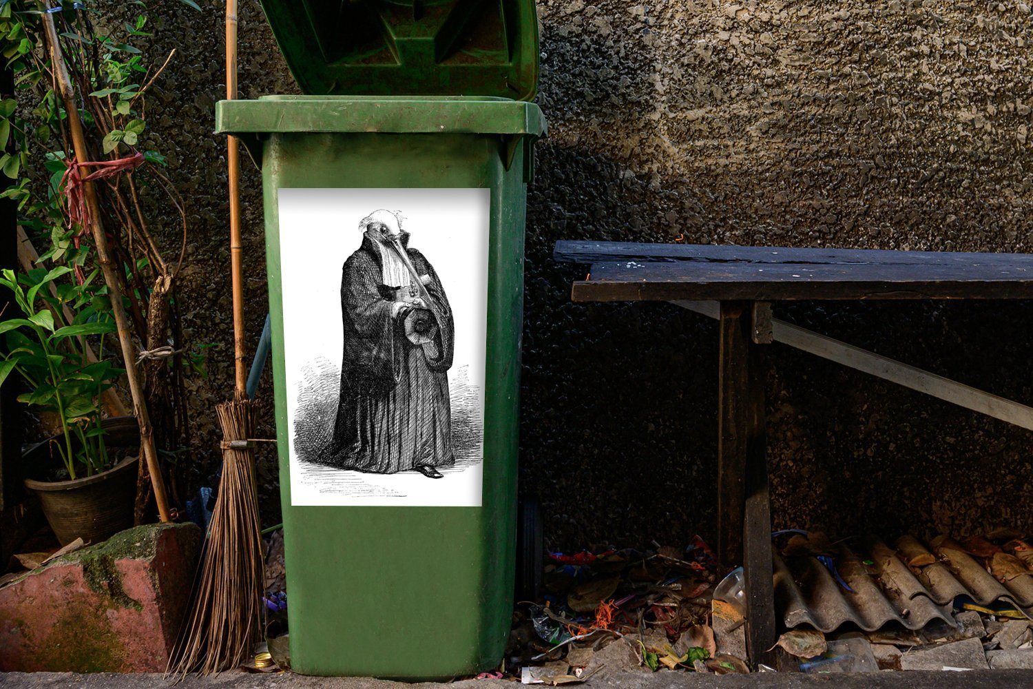Richter Eine MuchoWow Illustration als Container, Mülleimer-aufkleber, (1 Mülltonne, Sticker, Wandsticker St), Abfalbehälter Storchs eines