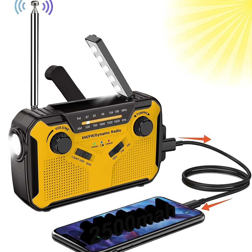 XIIW Solarradio AM/FM Tragbar Kurbelradio mit 2500mAh Akku Wiederaufladbare Radio (Notfallradio mit LED Leselampe, 1W-Taschenlampe SOS Alarm, für Camping, Wandern, Outdoor)