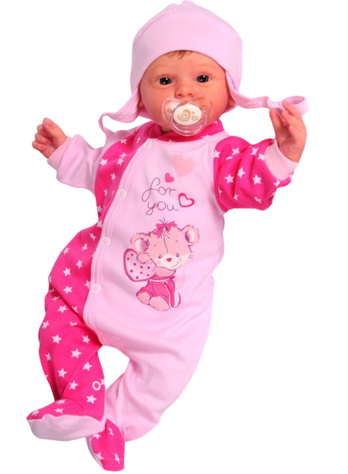 La Bortini Strampler Stramplerhose Mütze Set Overall in Pink mit Mäuschen Baby Anzug aus reiner Baumwolle, 44 50 56 62 68 74