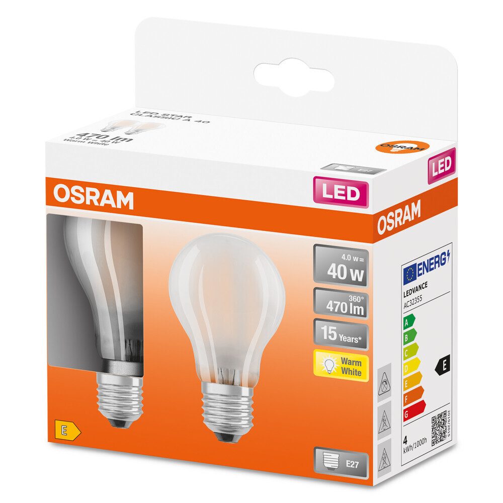Osram LED-Leuchtmittel E27, 4W, 2700K, 470lm, warmweiß, G, 4.00kWh/1000h, E27, warmweiß