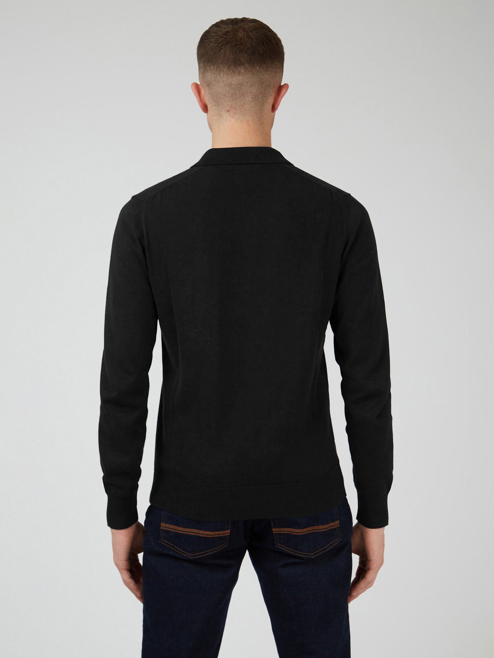 Sherman Long Poloshirt Sleeve 3-Knopf-Verschluss Knitted Ben Signature schwarz Polo