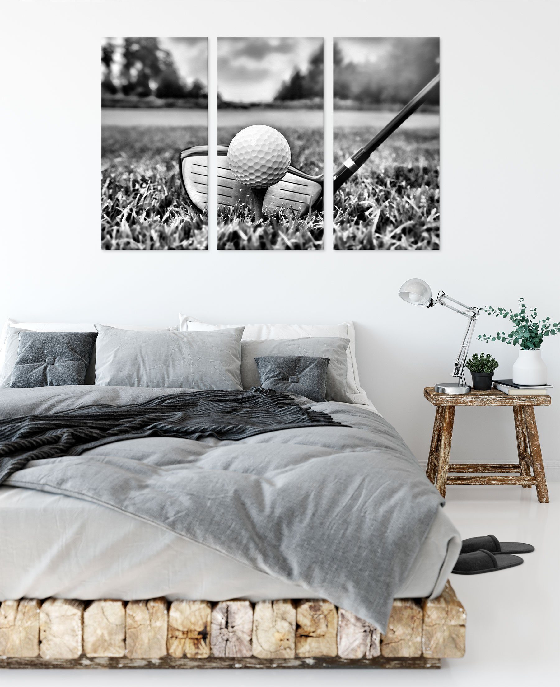 3Teiler (120x80cm) Golf fertig Pixxprint (1 St), Leinwandbild bespannt, Abschlag, inkl. Golf Leinwandbild Zackenaufhänger Abschlag