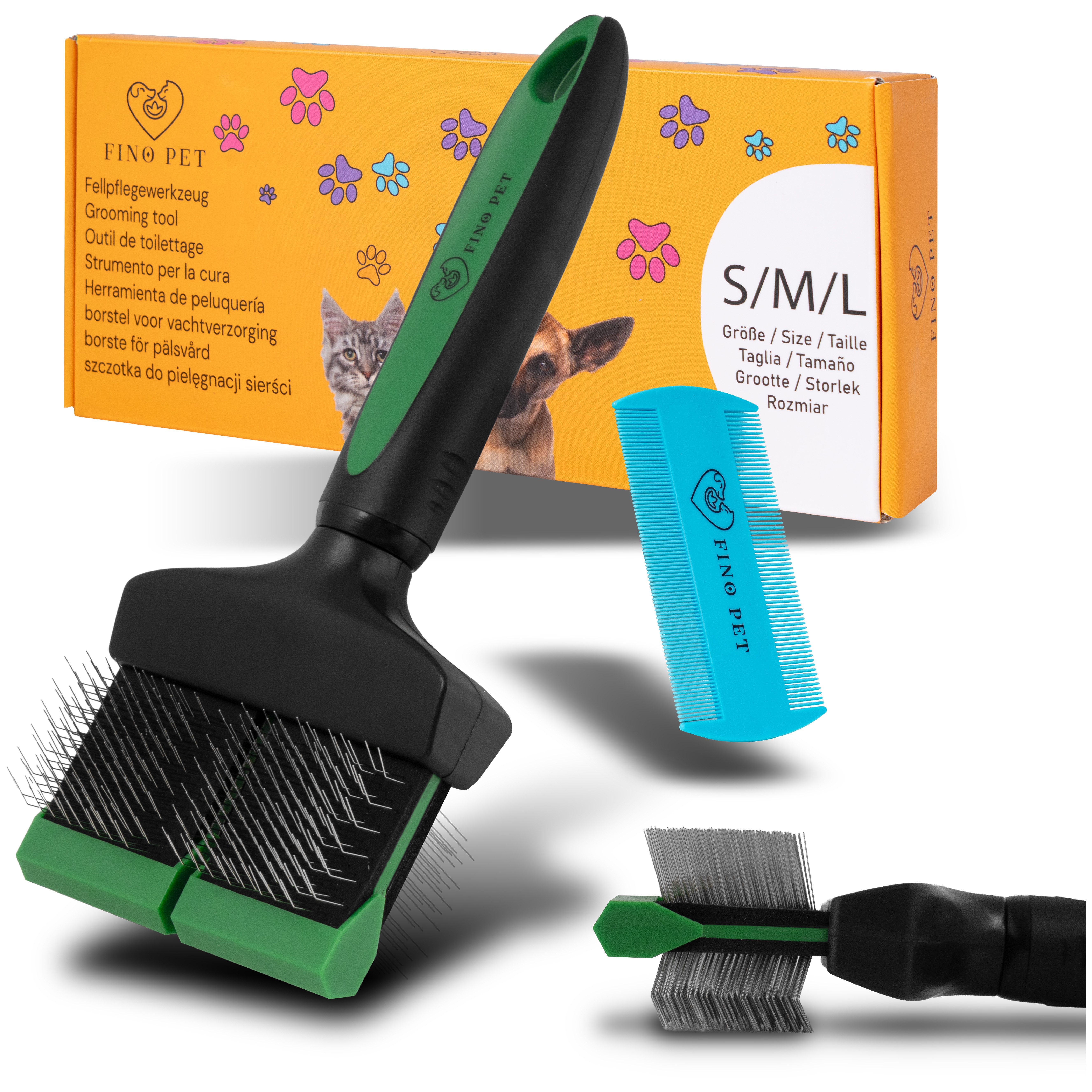 FinoPet Fellbürste Zupfbürste Hund, Slicker Bürste für Langhaar Pudelbürste Hundebürste, Edelstahl, (Effiziente Hundebürste Unterwolle Katzenbürste, Ideal für Doodle & Langhaarhunde inklusive Hundekamm), Flexibler Kopf mit weichen Softpins