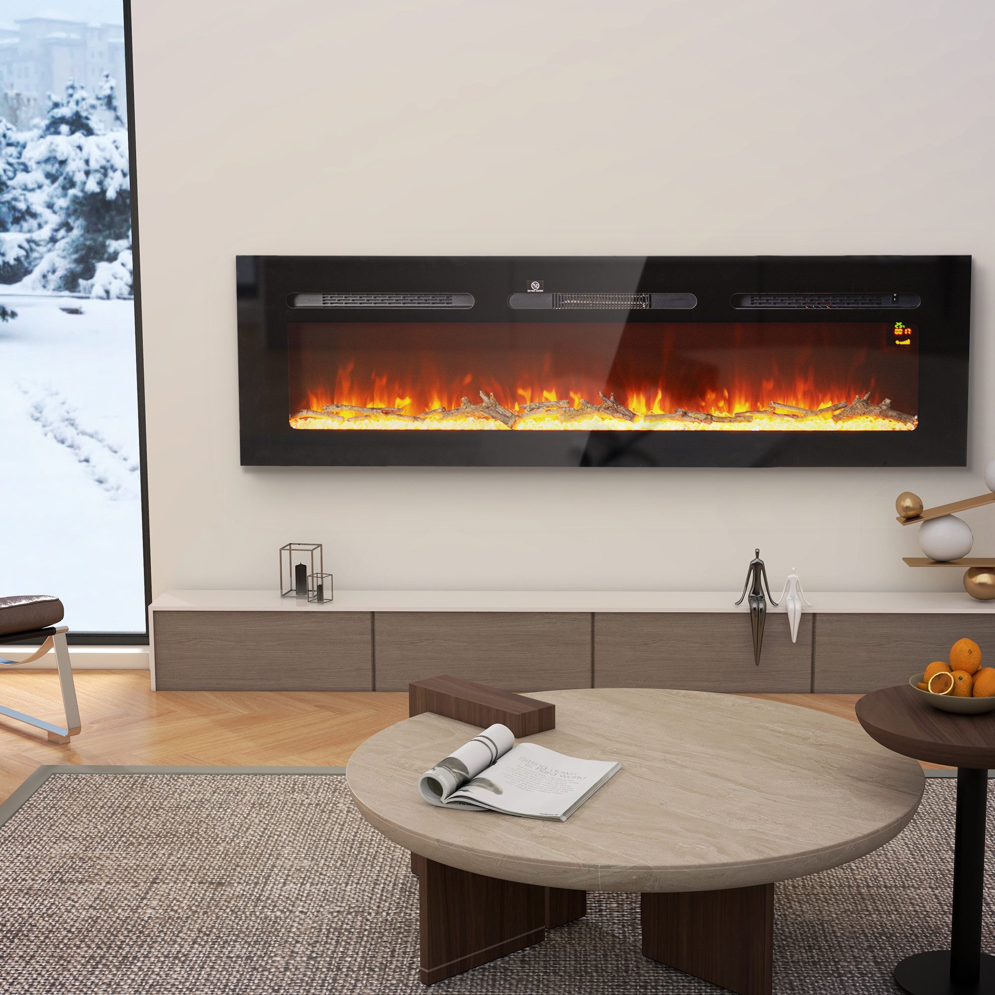 HOMCOM Elektrokamin Wandkamin mit Fernbedienung, 1800W, 3 Flammenfarben, 5 Helligkeit, Timer