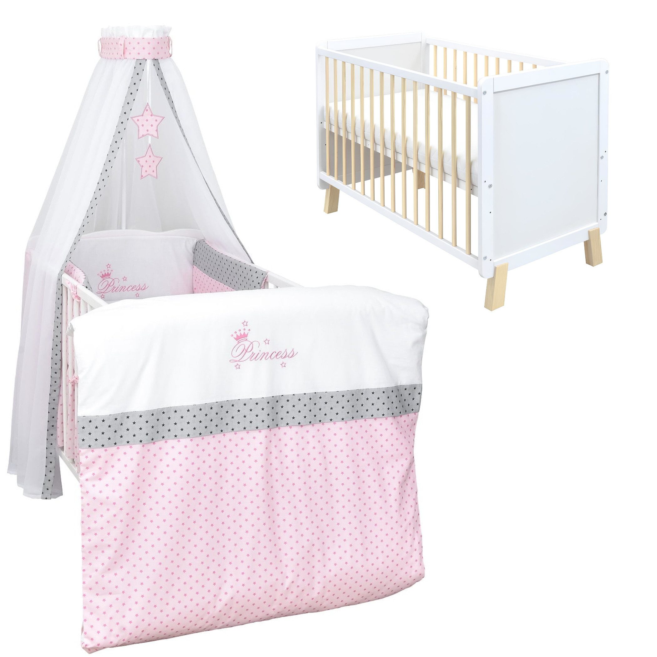Baby-Delux Komplettbett Babybett Lou Komplettset Weiß Natur, 10-tlg., Kinderbett 60x120 cm Bettset verschiedene Designs