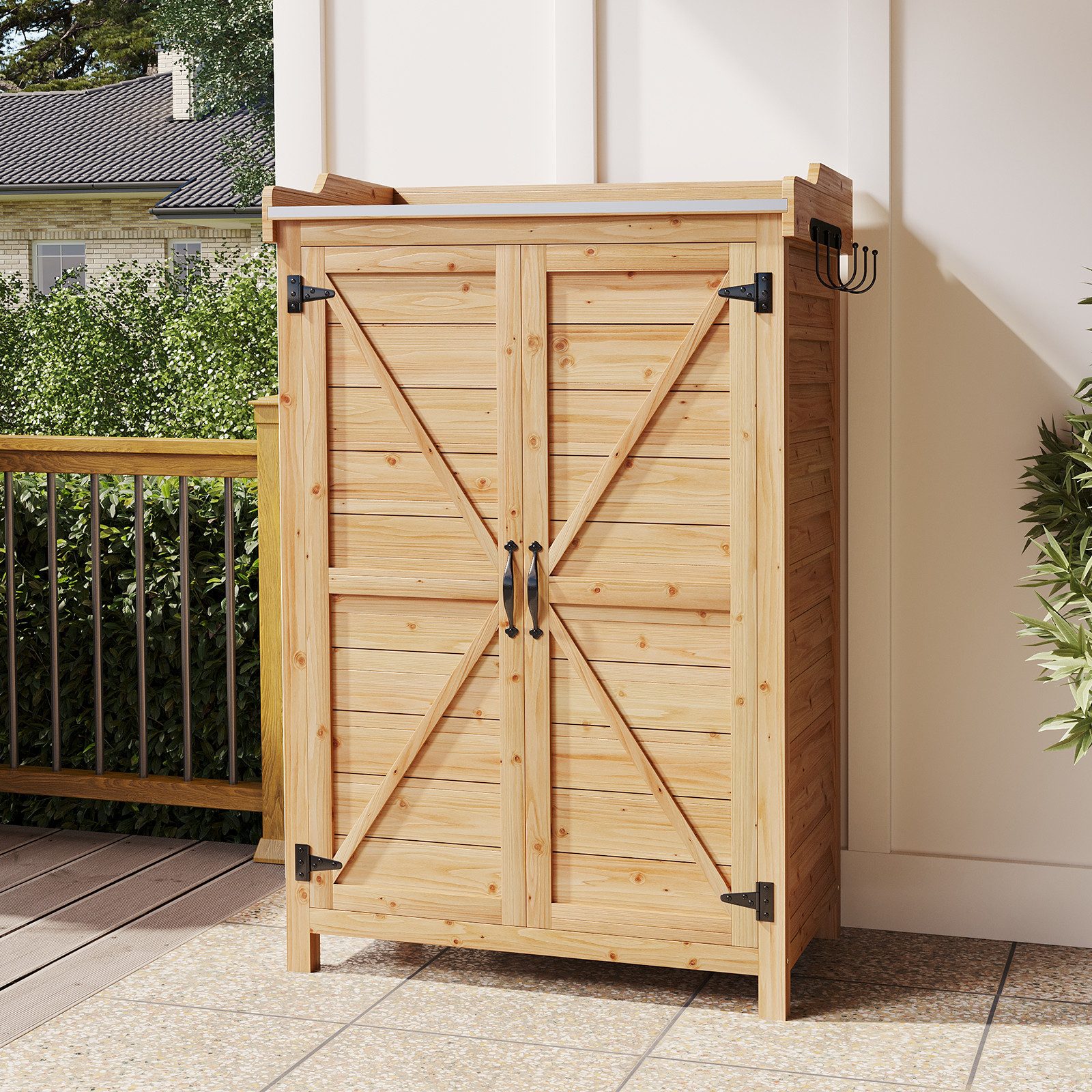 AOXUN Garten-Geräteschrank mit verstellbaren Fächern & Seitenhaken, BxT: 64x40 cm, (1 St), Gartenschrank Holz mit Pflanztisch, Doppeltür, 64x40x95 cm