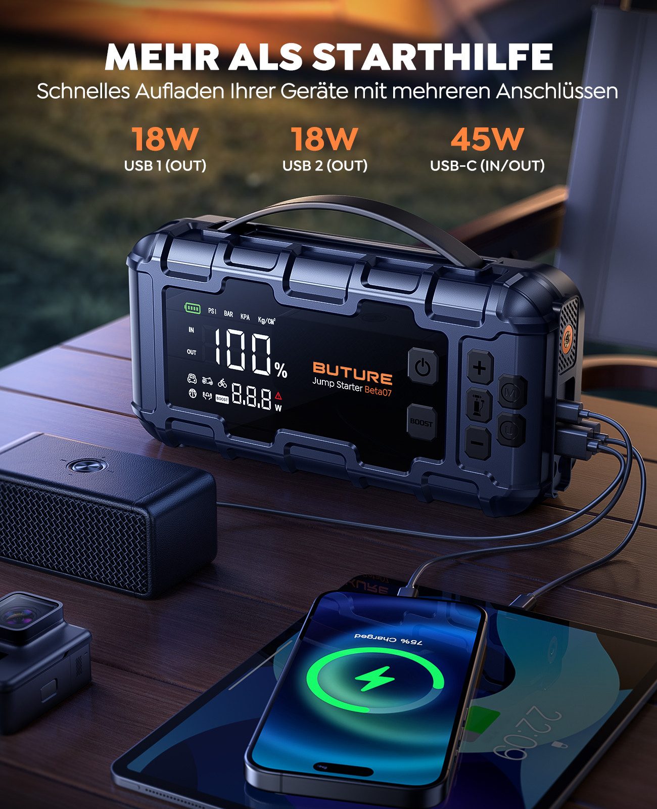 Buture 45W PD Fast Charging Jump Starter, 26800 mAh Power Bank, 6000A Jump Starter, 3-in-1 Power Bank, LED Emergency Light and 160 PSI Tire Inflator, LCD Display