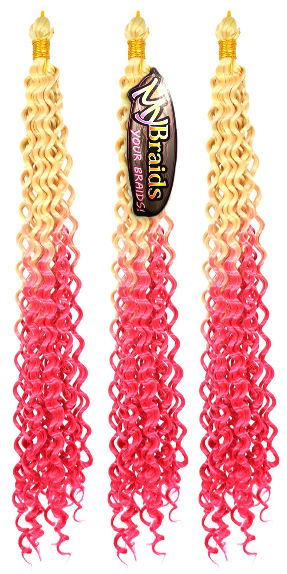 YOUR Wellig 16-WS BRAIDS! Hellblond-Pink Kunsthaar-Extension MyBraids Ombre Wave Deep Crochet Pack 3er Flechthaar Zöpfe Braids