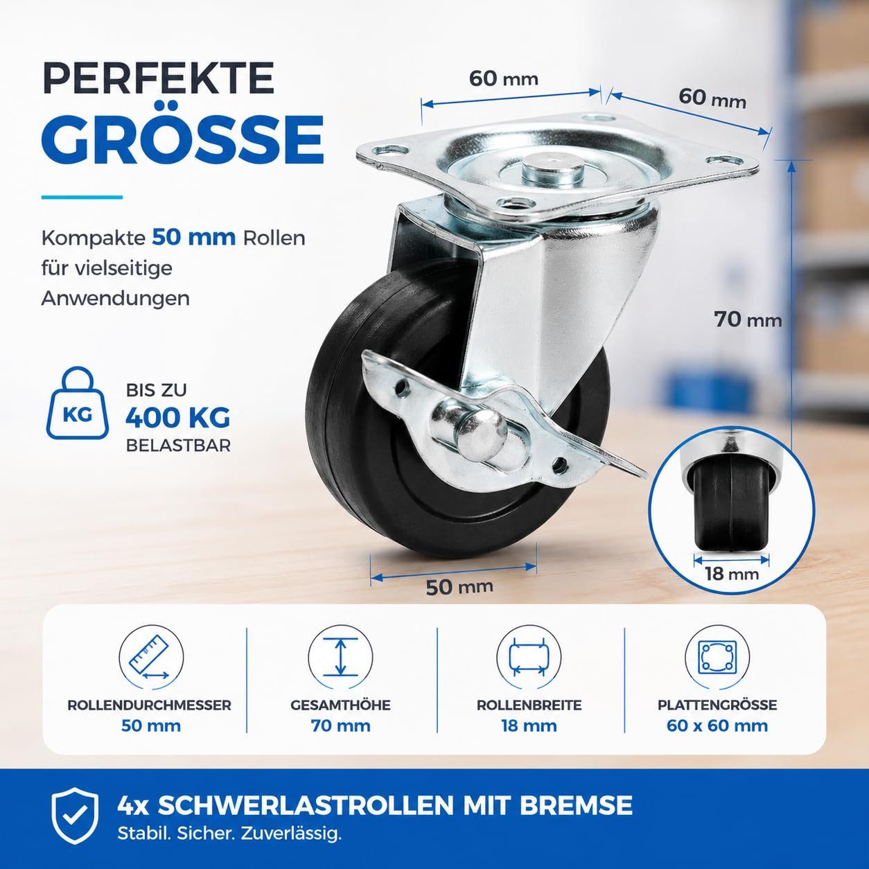 TK Gruppe Schwerlastrolle Schwerlastrolle 4er Transportrollen Rollen Möbelrollen, (4er Set), 4 Stück, zwei davon mit Bremsen