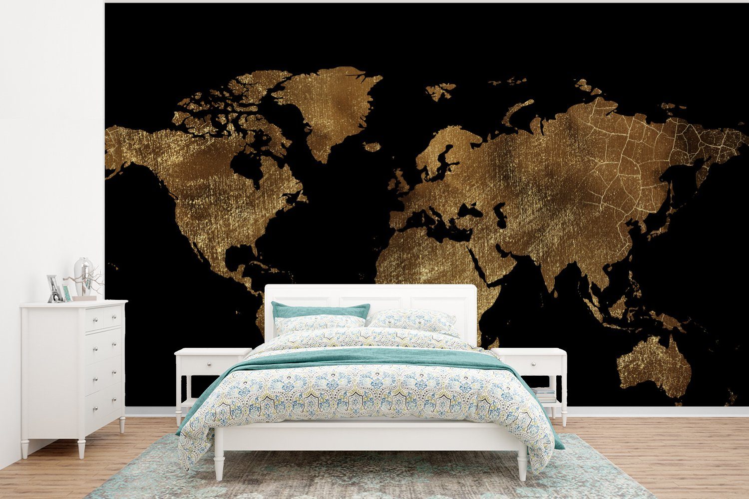 Weltkarte (6 Tapete Wallpaper Wohnzimmer, Schwarz, Matt, bedruckt, Vinyl Fototapete Schlafzimmer, - Gold - Luxus - Kinderzimmer, St), - MuchoWow Erde für