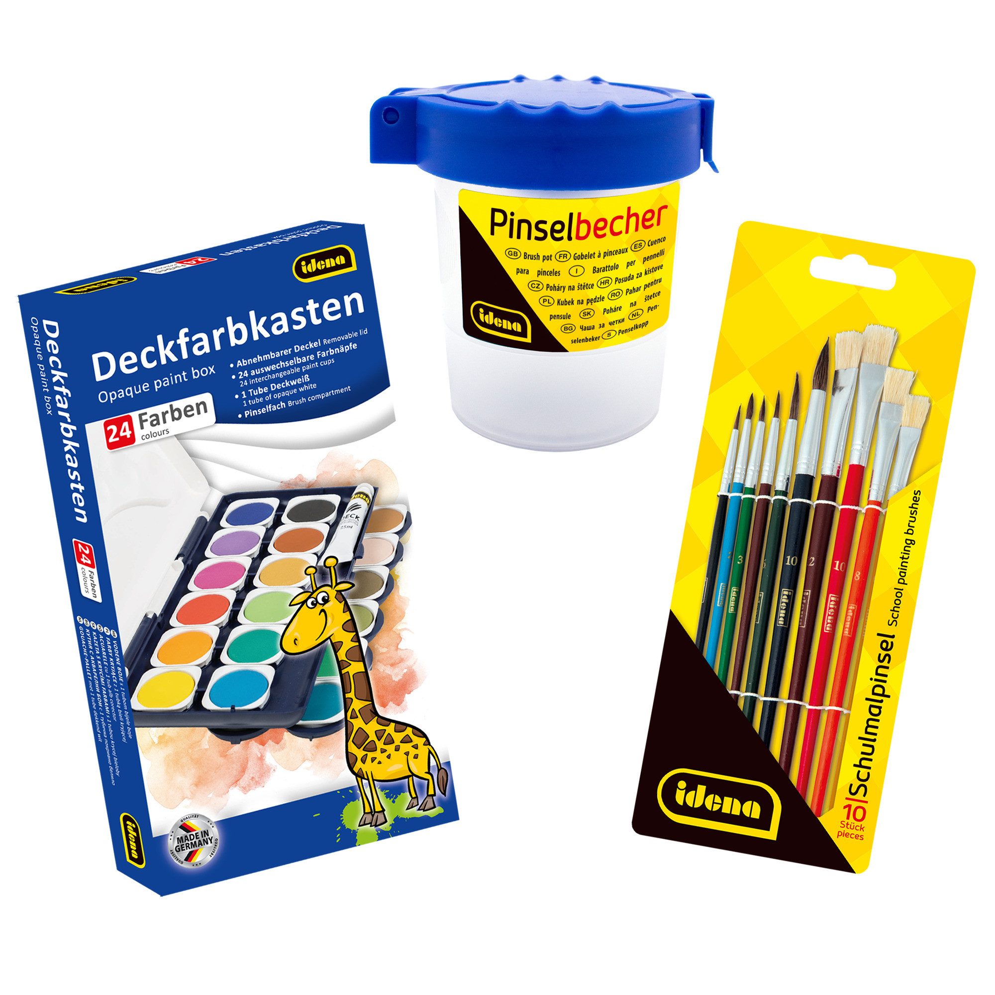 Idena Farbkasten Idena Set Deckfarbkasten 24 Farben und Deckweiß & Schulmalpinsel 10