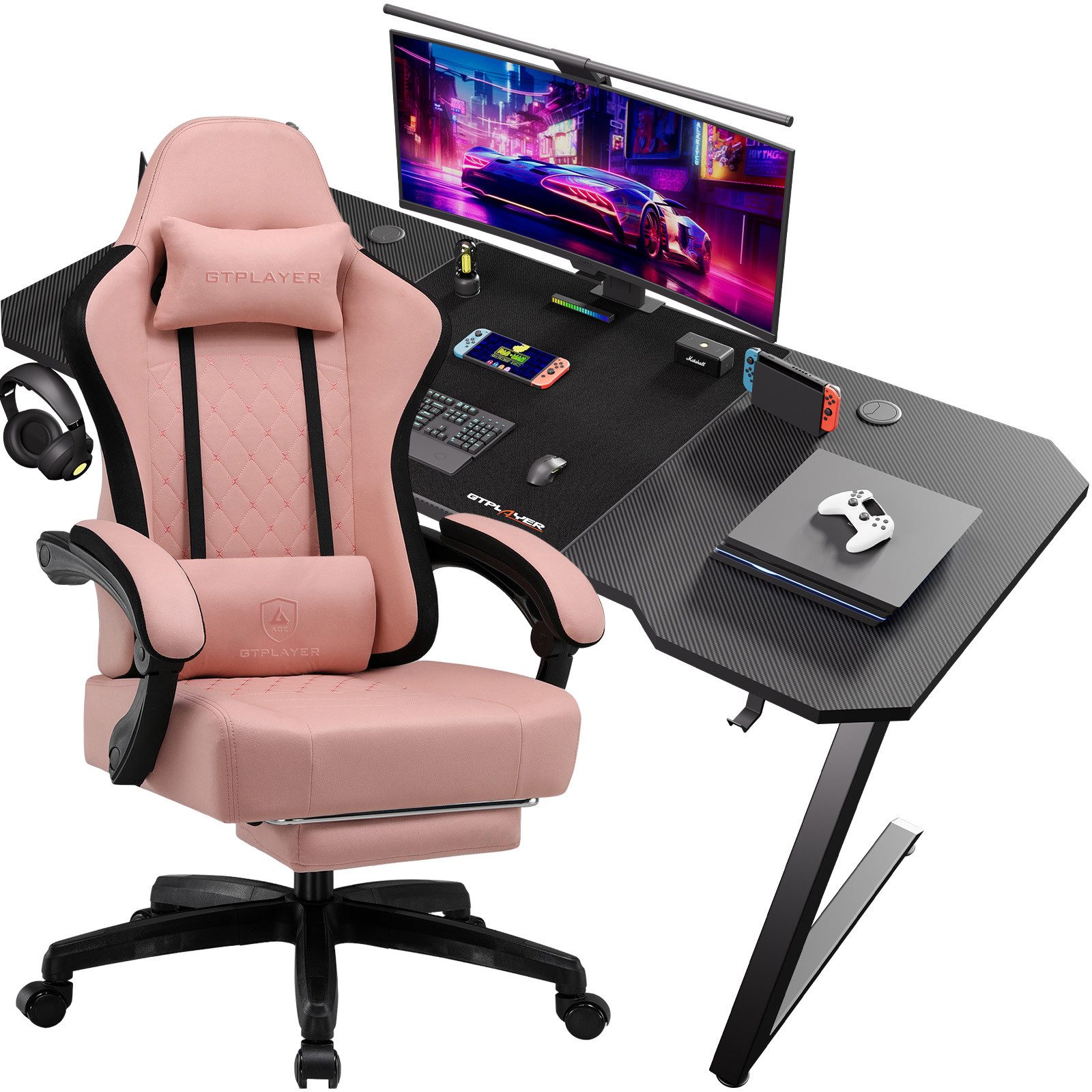 GTPLAYER Gaming-Stuhl Ergonomischer Gaming Sessel Schreibtischstuhl aus Stoff/Kunstleder (Pacekung), Federsitzkissen mit Fußstütze